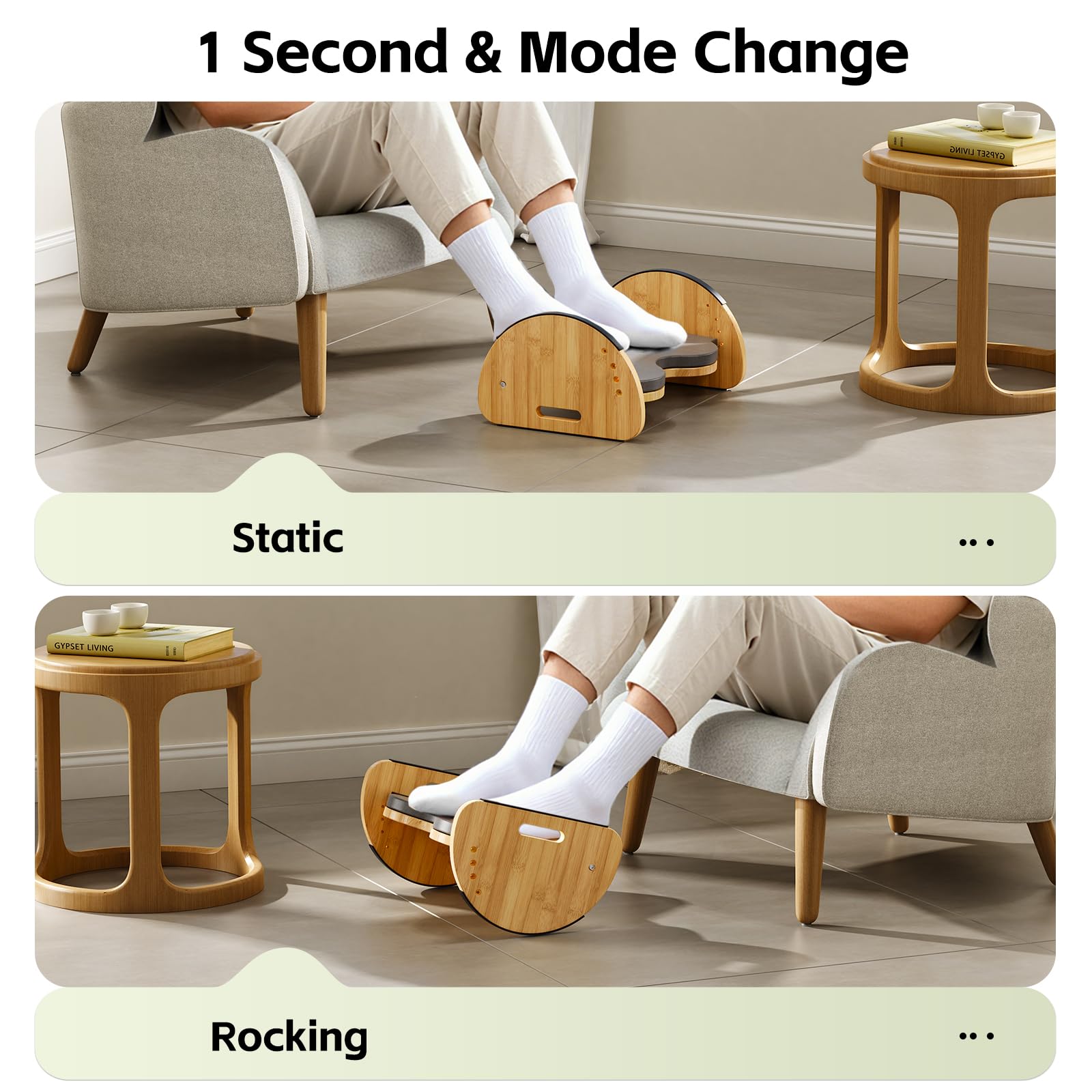 Ergonomische Bambus-Fußstütze unter dem Schreibtisch, 3-in-1 wendbare Schaukel-Fußstütze mit Fußpolstern 4 höhenverstellbare Höhen Bürofußhocker, große rutschfeste Oberfläche, verbessert die Haltung
