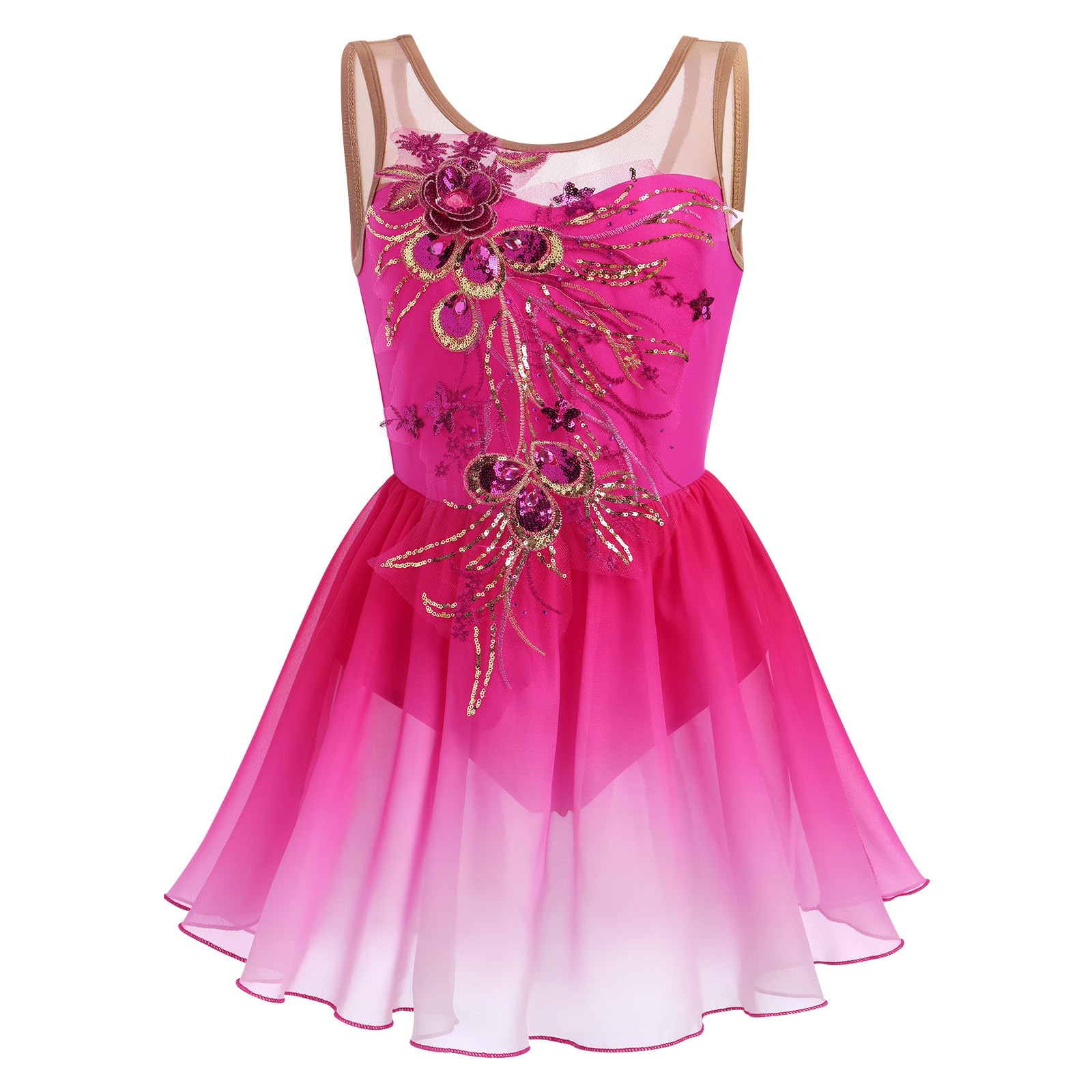 ODASDOWomen Ice Figure Skating Dress Ballet Dance Leotard Gymnastics Sequin Embroidery Gradient Chiffon Dress Dancewear