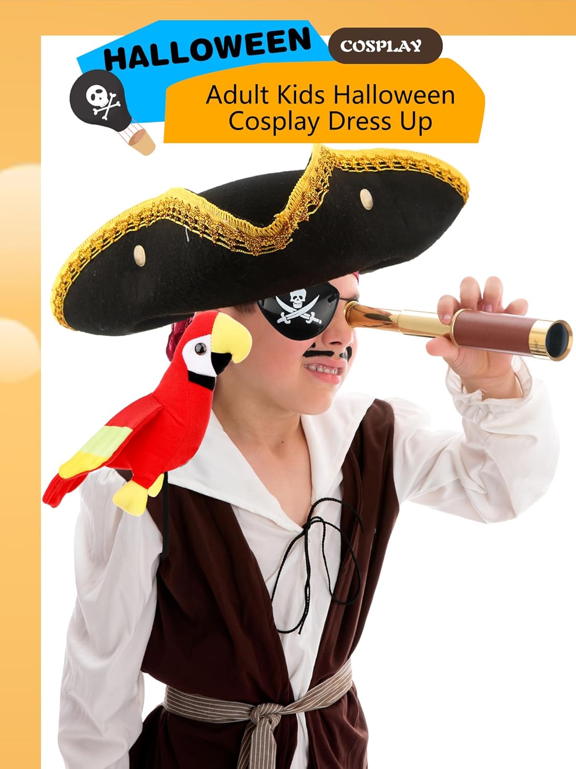 4 Pcs Kids Pirate Hat Costume Kit Stuffed Parrot on Shoulder Eye Patches Colonial Tricorn Hat Accessories for Boys Girls Halloween Masquerade Party Cosplay