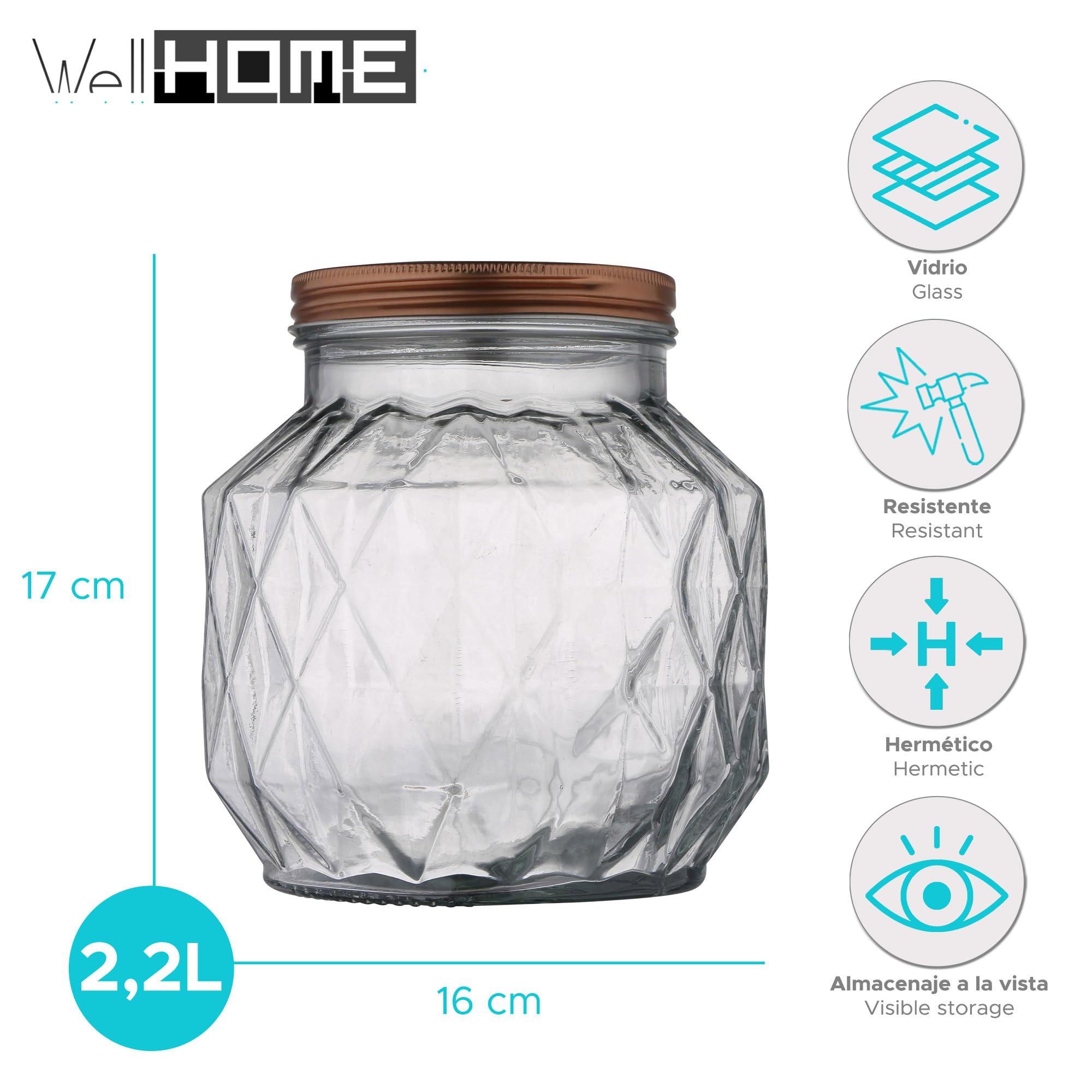 WELL HOME MOBILIARIO & DECORACIÓN Bote de Vidrio 2,2 L – Recipiente de Almacenaje para Cocina con Tapa, Ideal para Pasta, Cereales y Alimentos Secos - 4 unidades