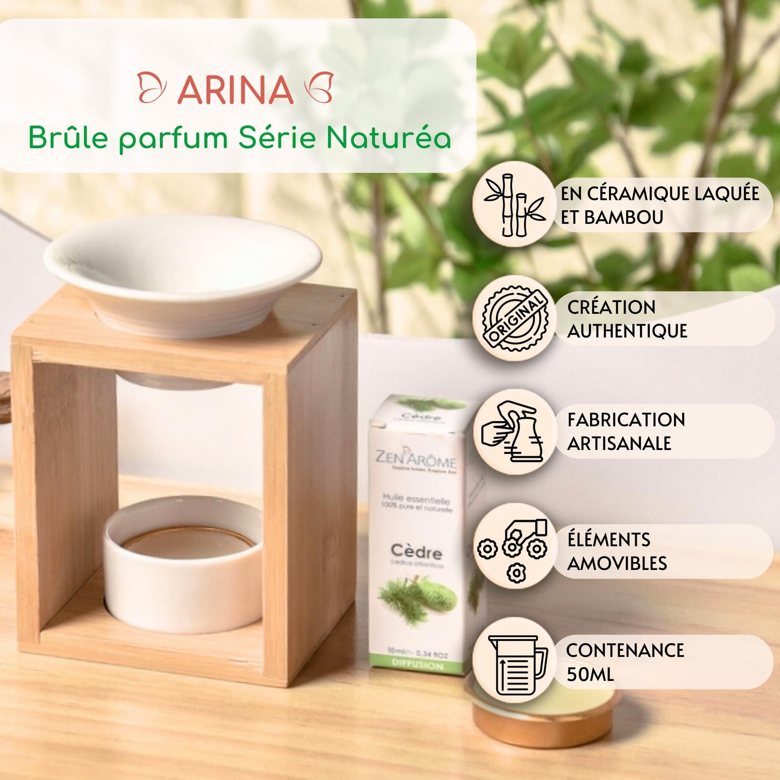 Brûle Perfumy Arina - Zapachowy palnik kremówki woskowej - Dyfuzor olejków eterycznych i zapachów atmosfery - świecznik do aromaterapii z drewna i ceramiki dekoracyjnej - wysokość: 12 cm - Zen'Arôme