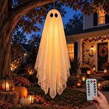 Large 4ft Pre-Assembled Hanging Ghost Halloween Decorations with Warm Glow,Ghost Decor with Remote Timer & Upgraded Double-Layer Sheet, Swinging Ghost for Indoor Outdoor Tree Porch Yard Garden Party