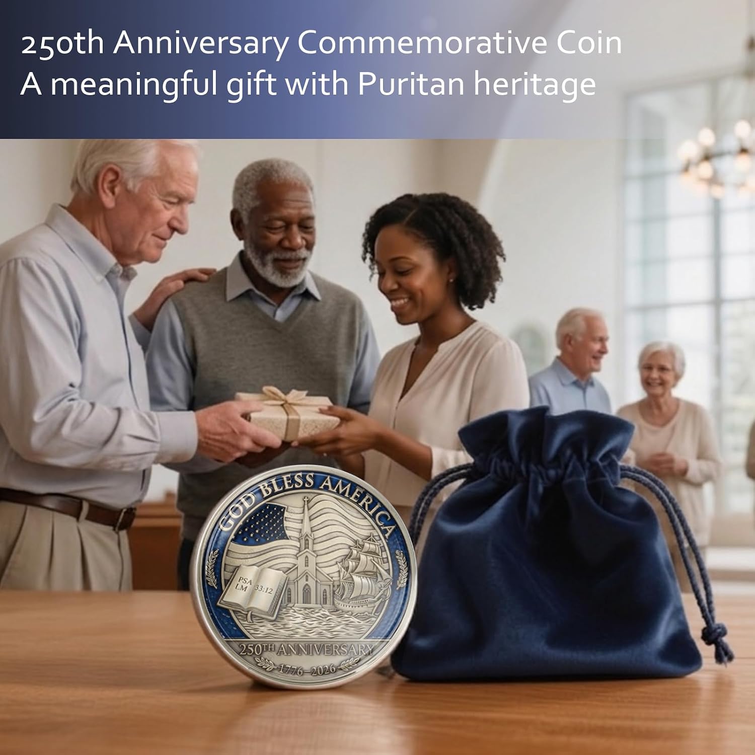 3PCS USA 250th Anniversary Commemorative Coin (1776-2026) - Religious Christian Faith-Based Gifts God Bless America Patriotic Challenge Coin, Features Mayflower Compact & Declaration of Independence