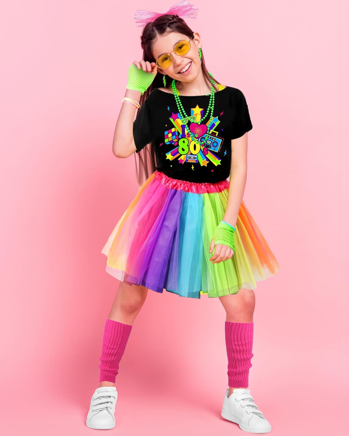 Blulu Halloween 80s Costume Accessories Set T-shirt Colorful Tutu Headband Earring Necklace Leg Warmers for Women(Stylish,Aged 14-16) - Image 4