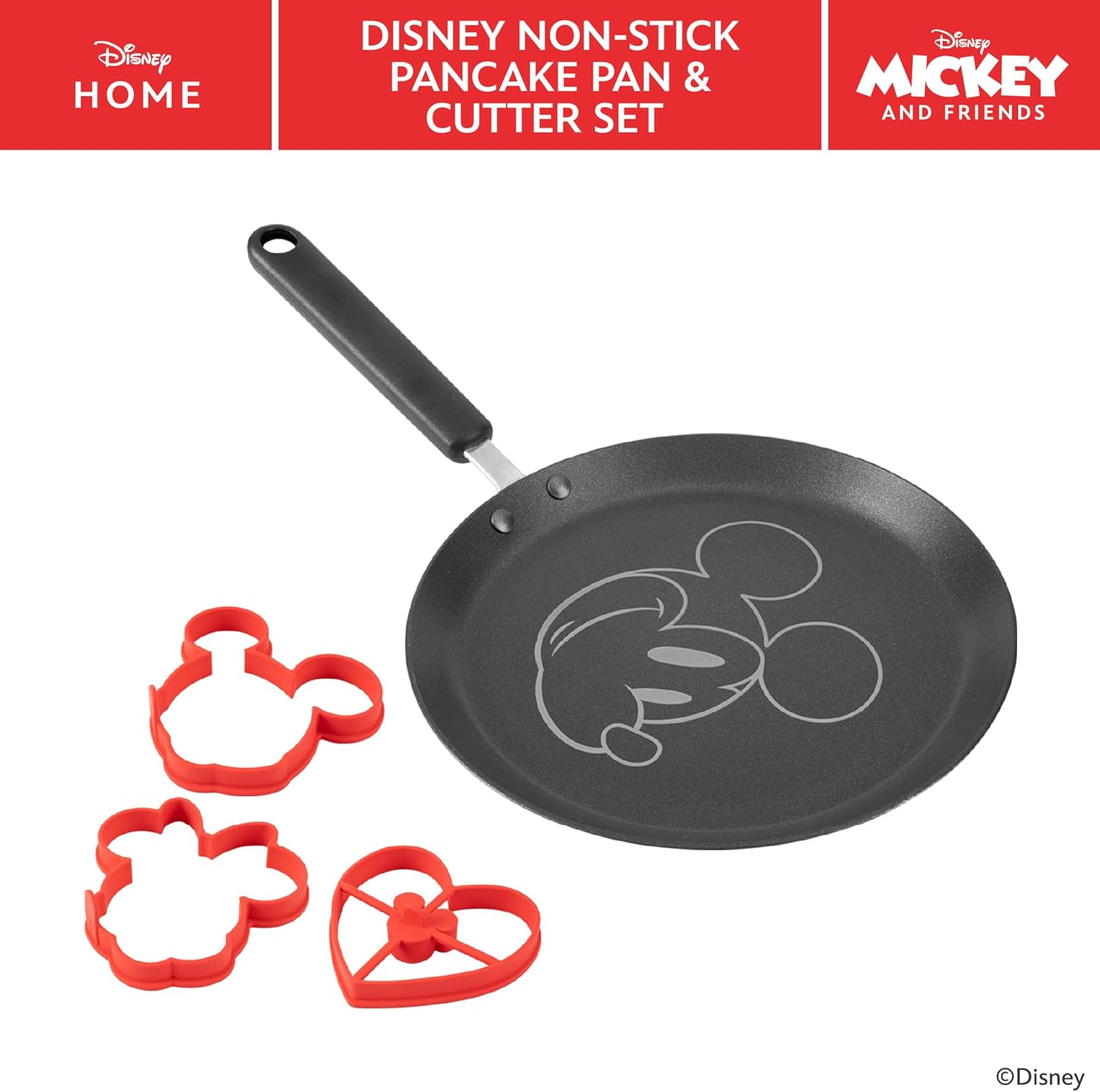 Prestige Disney Non Stick Pancake Pan & Pancake Mould Set, Mini Pancake Mould Set x 3 / 24cm Pancake Pan, Grey, Red