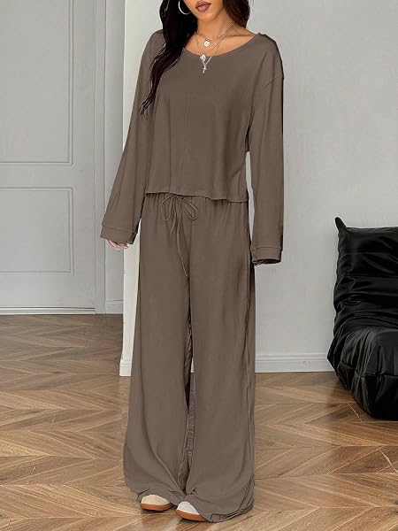 Set da salotto da donna con spalle scoperte pullover top e pantaloni della tuta a gamba larga per autunno e viaggio - 2