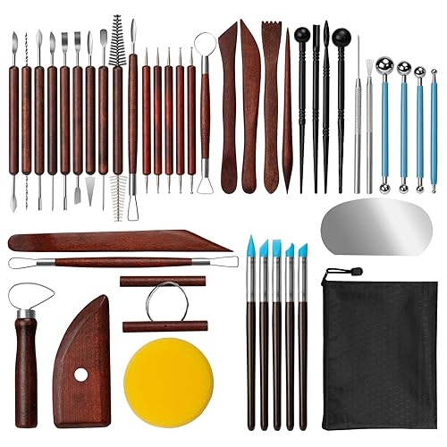 Amrules Clay Tools Kit, 43 PCS Red Pottery Tools, Practical Polymer Clay Sculpting Tools Kit, Air Dry Clay Tools Set for Adults, Pottery Craft, Dotting, Carving, Drawing, Molding, Modeling, Shaping - Red-43Pcs