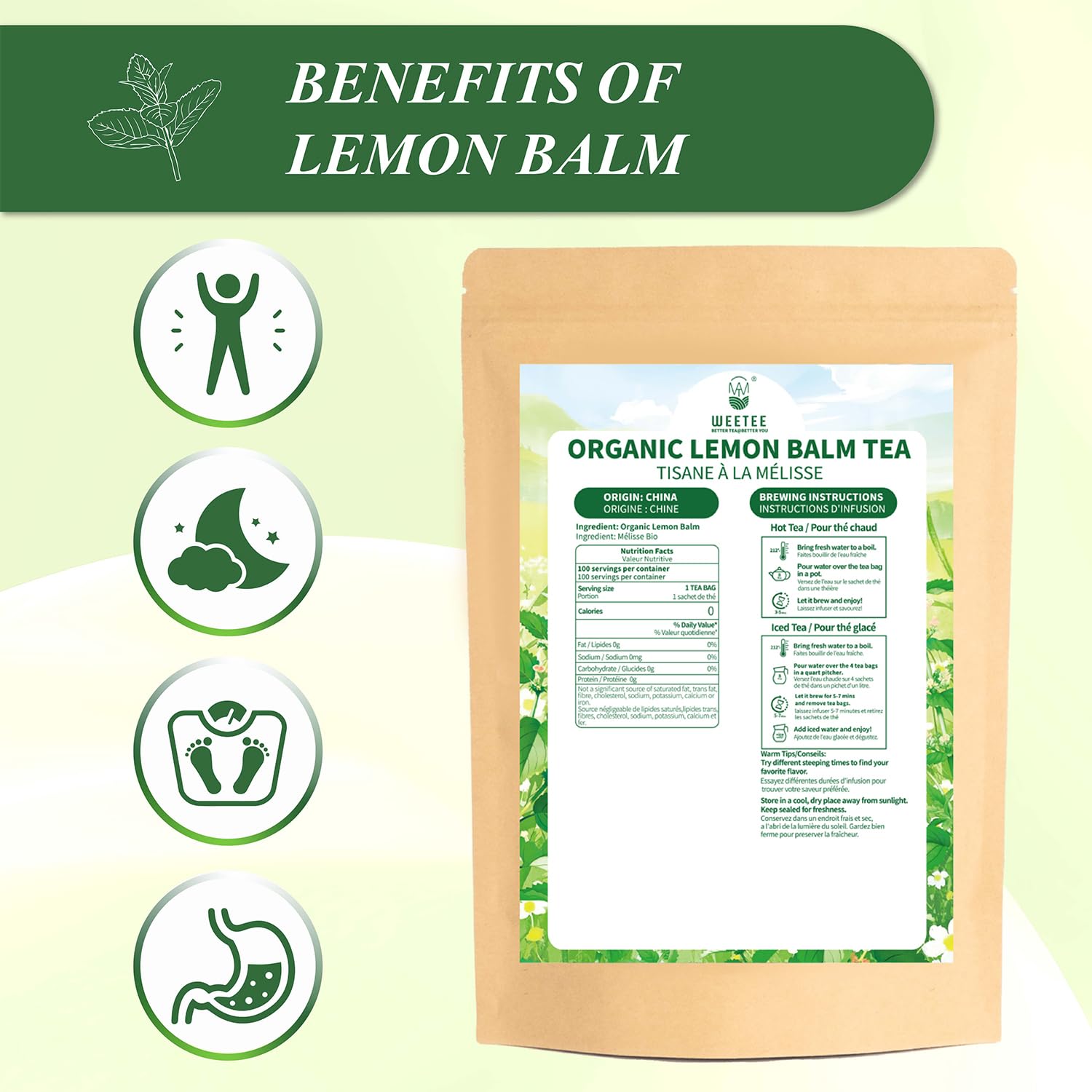 WT WEETEE Organic Lemon Balm Tea Bags 100 Counts, Pure Herbal Tea for Daily Reset, Caffeine-Free & Clean Taste
