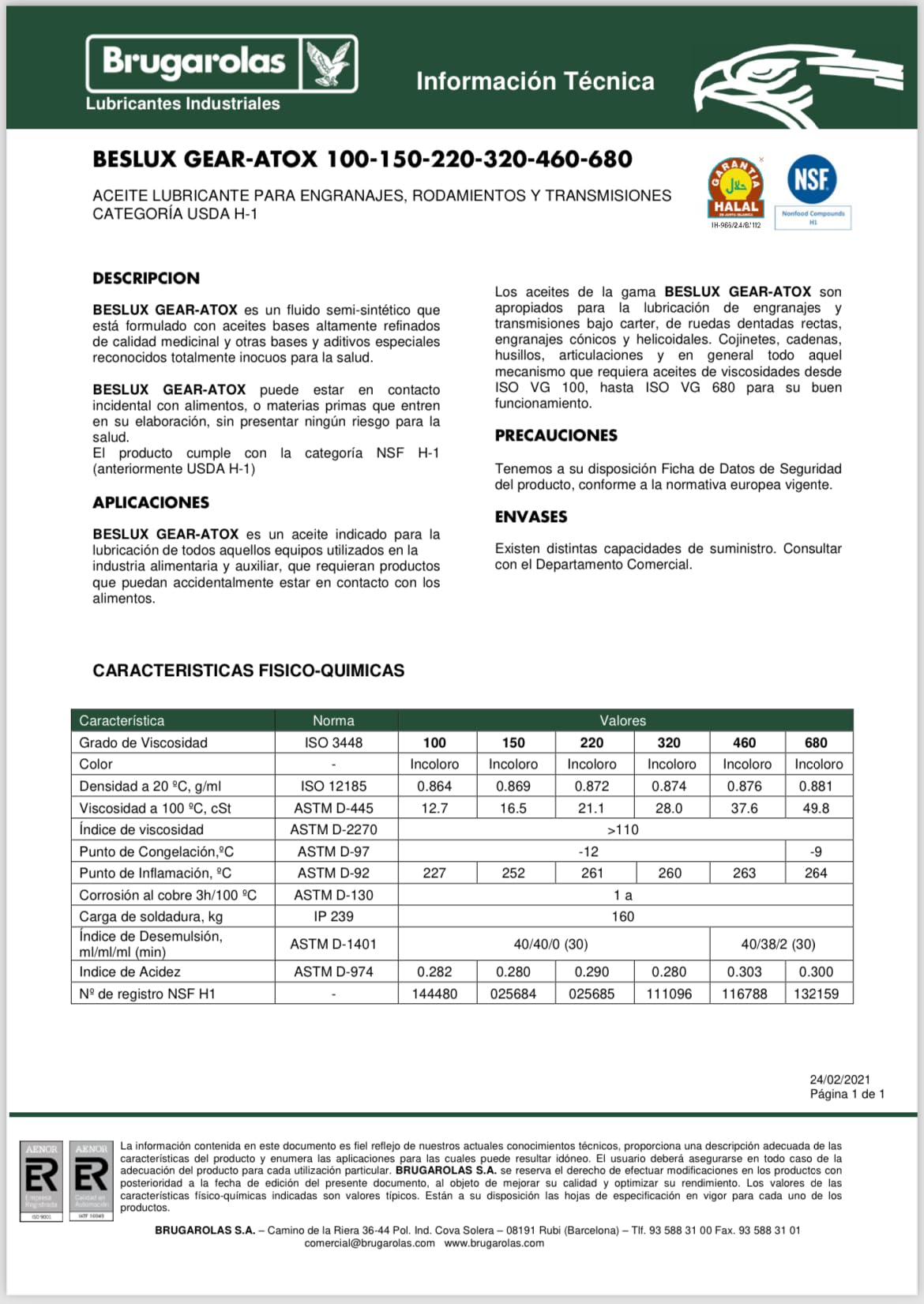 Aceite industrial de grado alimentario ISO VG100 5litros. Aceite Brugarolas Beslux Gear Atox 100