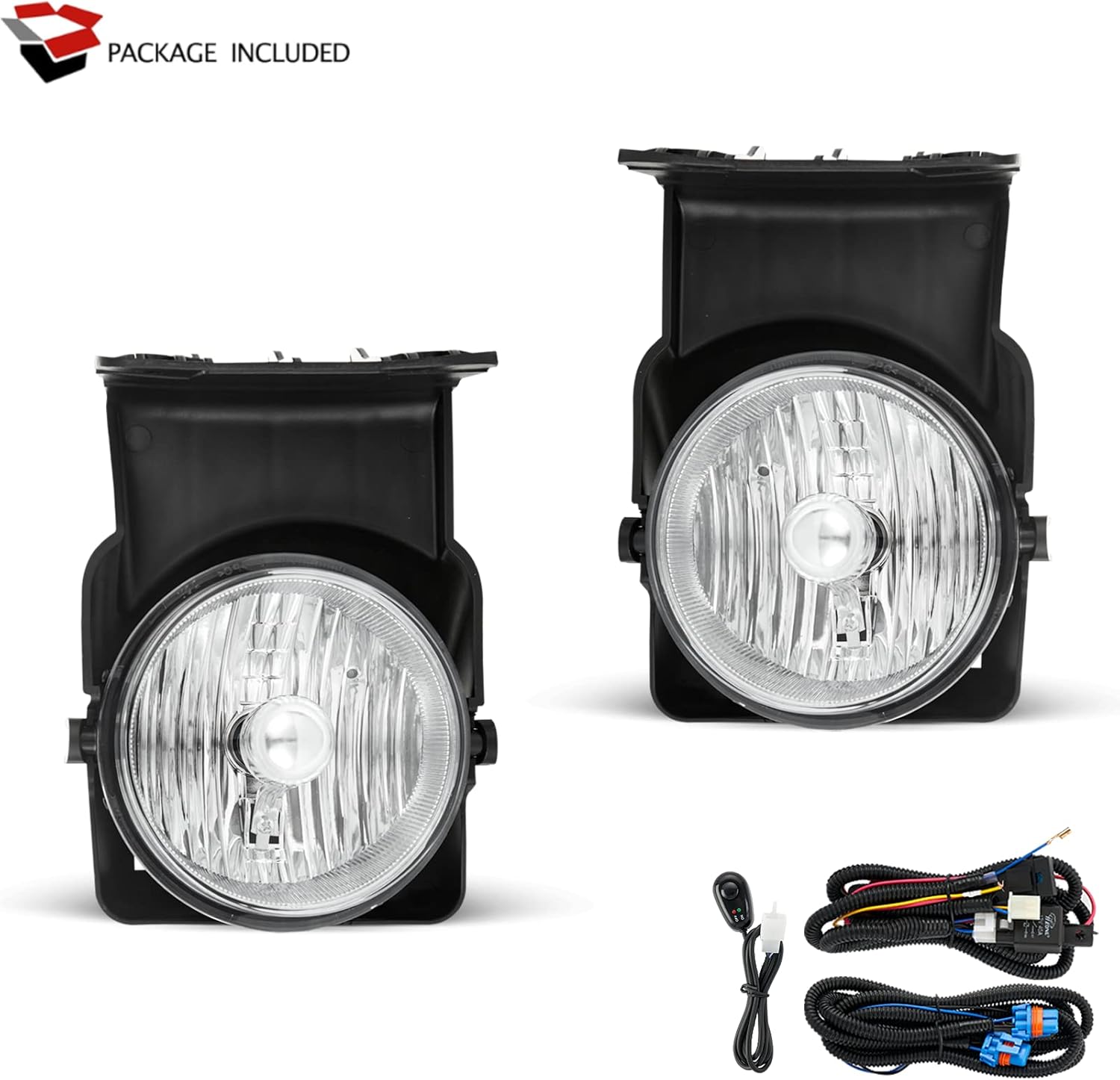 Fog Lights Lamps Assembly For 2003 2004 2005 2006 GMC Sierra 1500 2500 3500 Fog Lamps Replacement with Wiring Harness & Switch Kit H10 12V 45W Halogen Bulbs(Clear Lens)