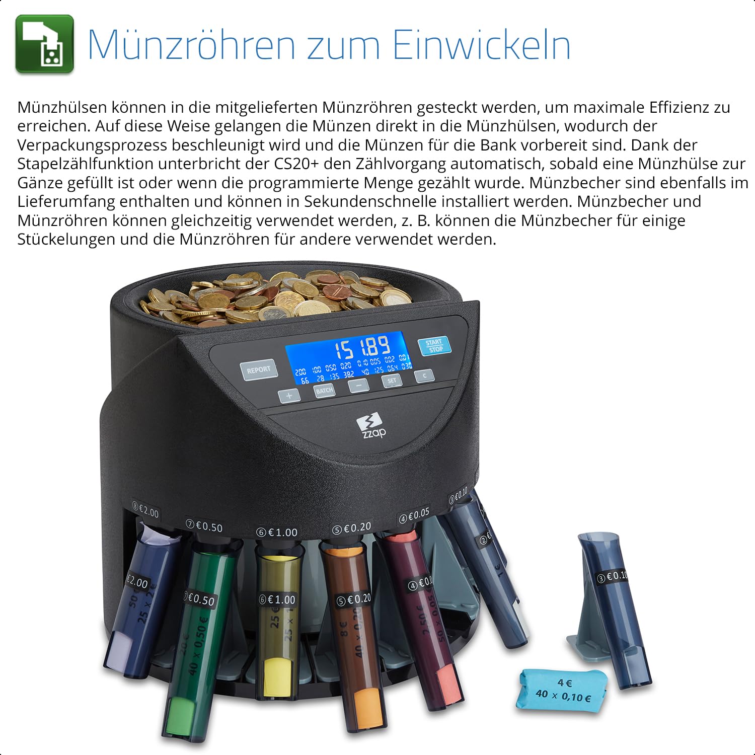 ZZap CS20+ Automatischer EURO Münzzähler & -sortierer - Geldzählmaschine Münzzählautomat Geldzähler