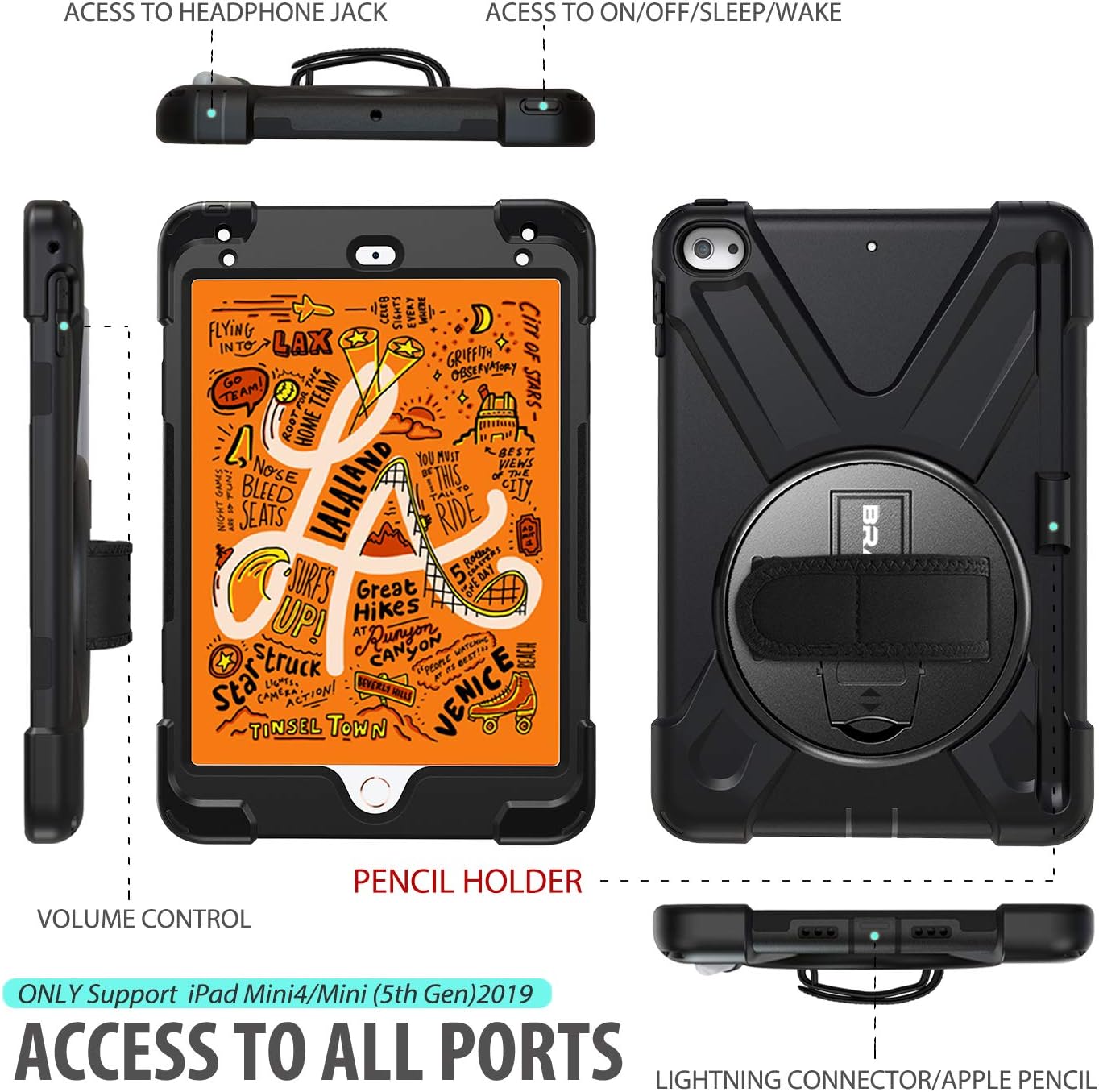 BRAECN iPad mini 5 Case,iPad mini 4 Case, Heavy Duty Shockproof Protective Rugged Case with Pencil Holder,Hand Strap,Kickstand, Shoulder Strap for iPad mini 5th/4th Generation 7.9 Inch for Kids-Black - Image 2