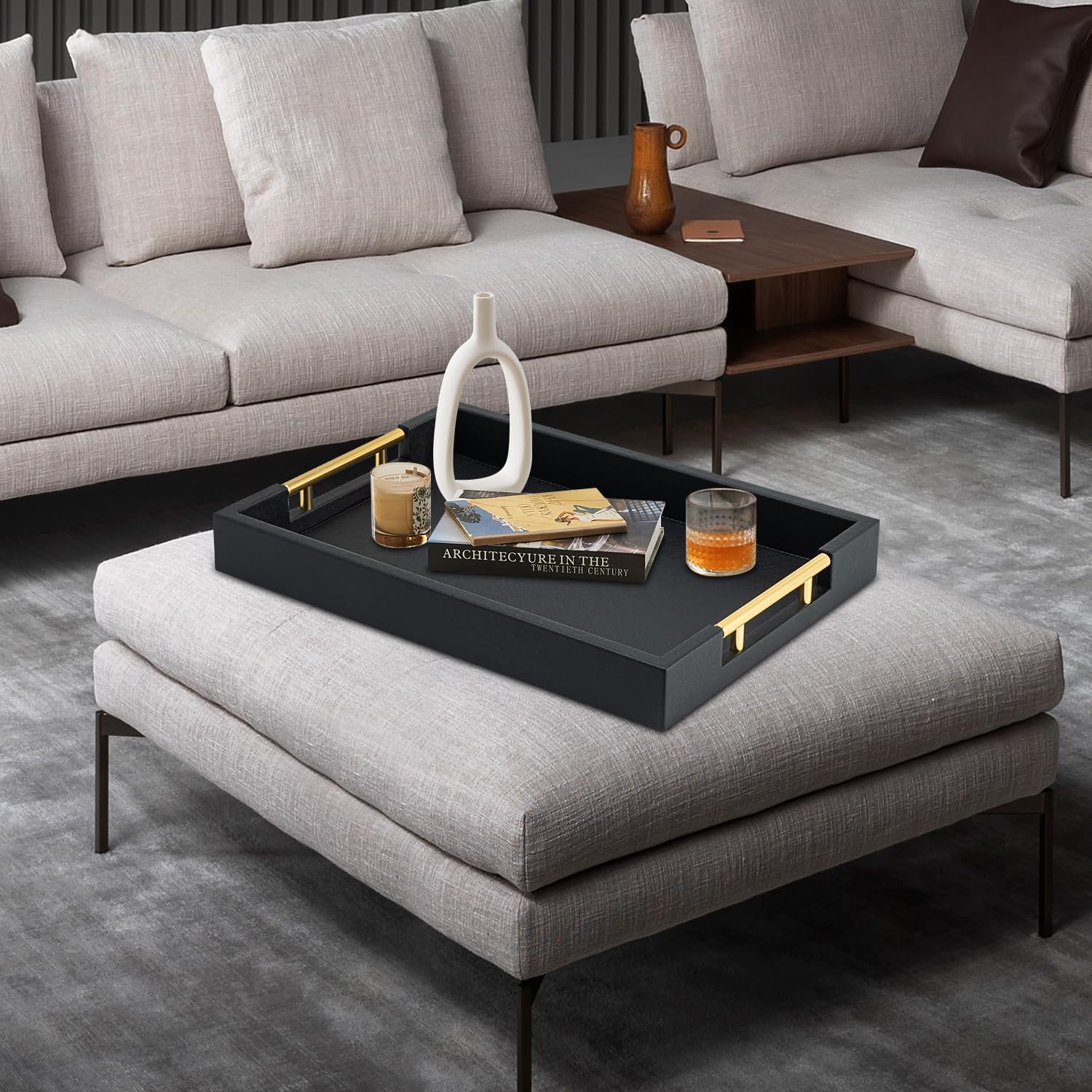 Black Rectangle Serving Tray with Gold Handles for Party,Large Wood Decorative Tray for Ottoman,Faux Leather Coffee Table Tray Decor - Image 6