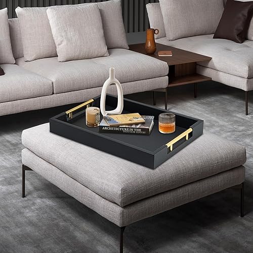 Miniatura 6 de Bandeja rectangular negra con asas doradas para fiestas, bandeja decorativa de madera grande para otomana, bandeja decorativa de cuero sintético