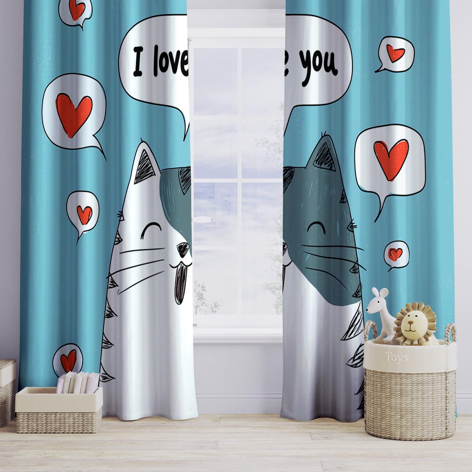Generisch Tiere Katzen Text 2er Set Verdunkelungsvorhänge mit Ösen, Cartoon-Stil Blickdicht Thermo Isoliert Vorhänge für Wohnzimmer & Schlafzimmer, HxB 215 x 110 cm