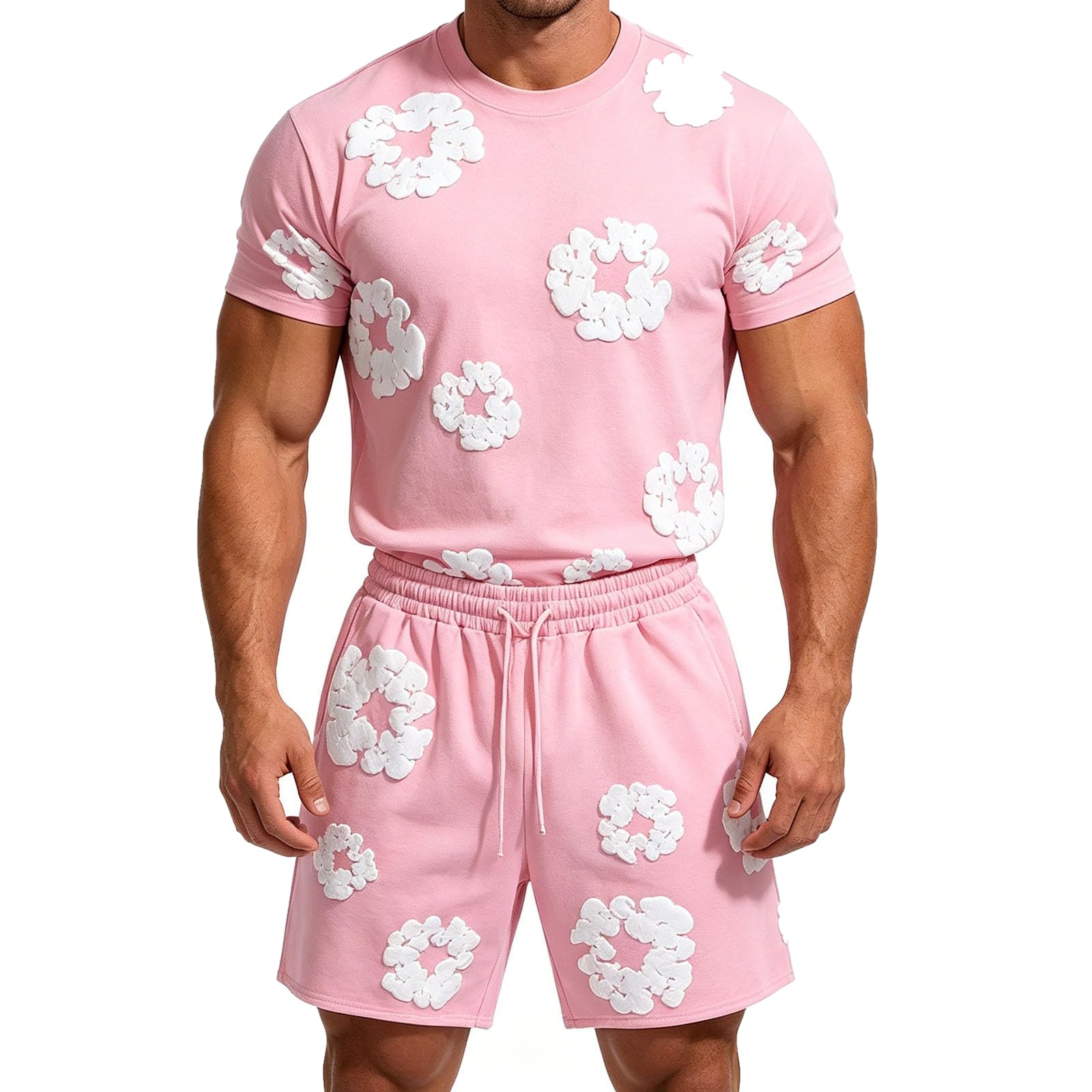 Sommer Outfit Herren 2 Teiler Herren Sommer Sportanzug T-Shirt Und Shorts Set Blumen Motiv Trainingsanzug Jogginganzug Kurz Zweiteiler Freizeitanzug Sport Kleidung Y2K Streetwear Fitnessanzug