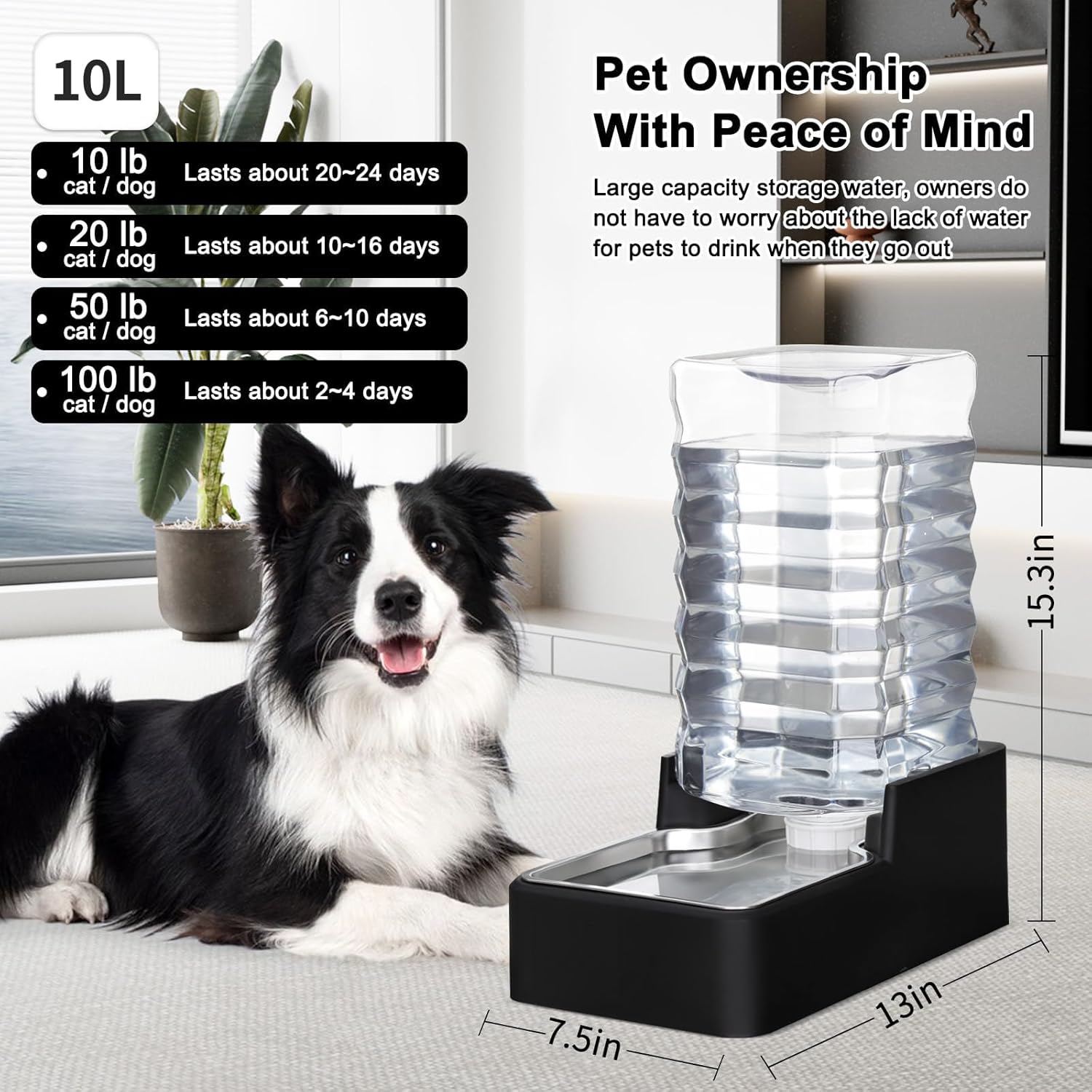 RIZZARI Stainless Steel Pet Water Feeder: 10L Gravity Leak-Proof Auto Refill Water Dispenser - Non-Slip Base- Without Filter -Easy Clean - for 40-60 LB Dogs- Home/Office/Travel