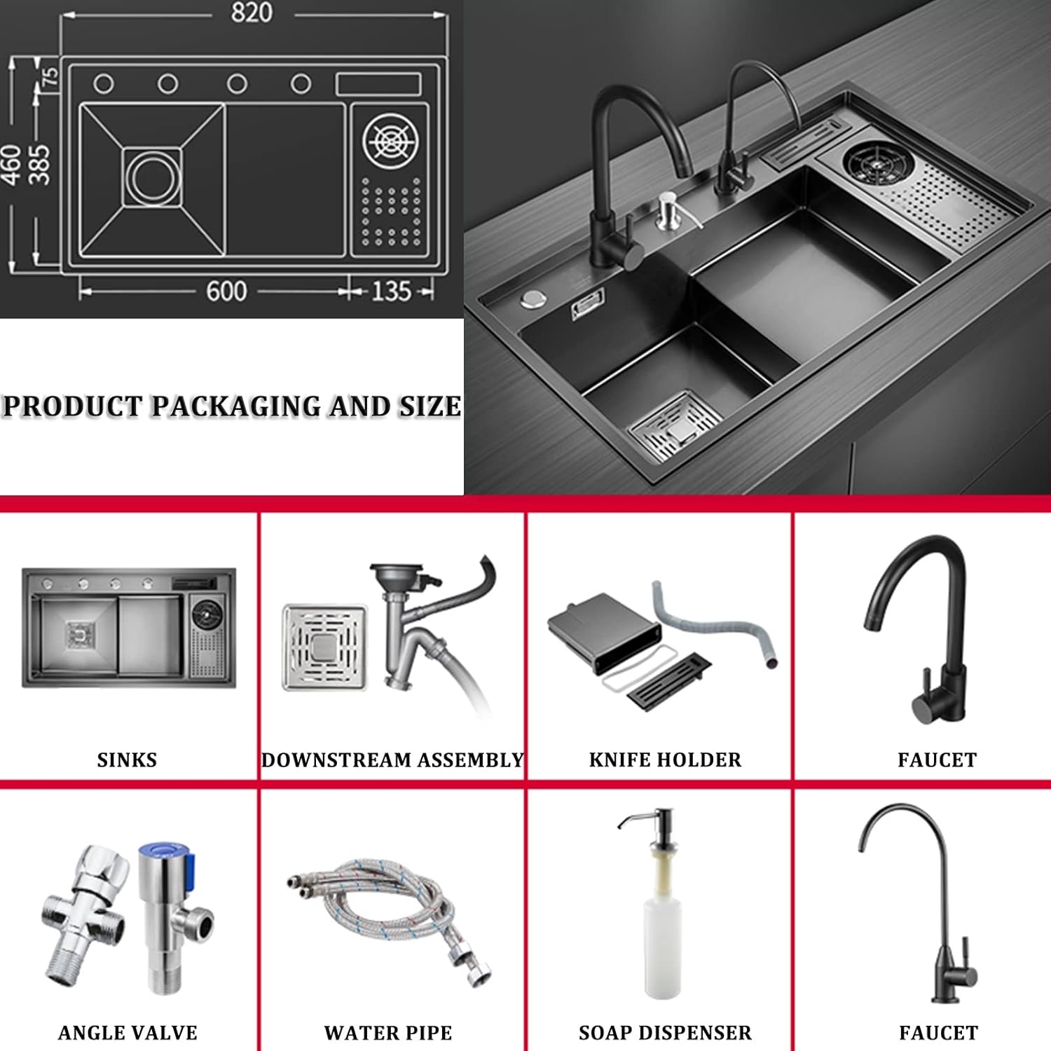 304 Stainless Steel Kitchen Sink Multifunctional Step Bar Prep Sink RV Sink He Kitchen Sets Top Mount Or Undermount (Color : Black-B, Size : 82x46x22cm)