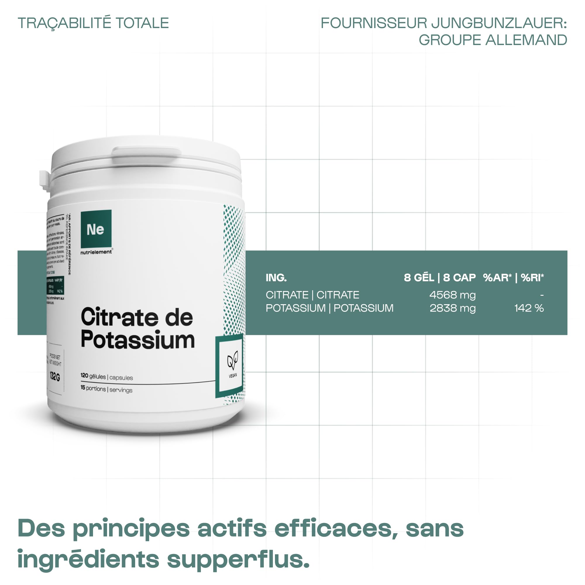 Nutrielement - Citrate de Potassium - 120 gélules - Système nerveux - Fonction musculaire normale - Qualité pharmaceutique - Vegan | By Nutrimuscle