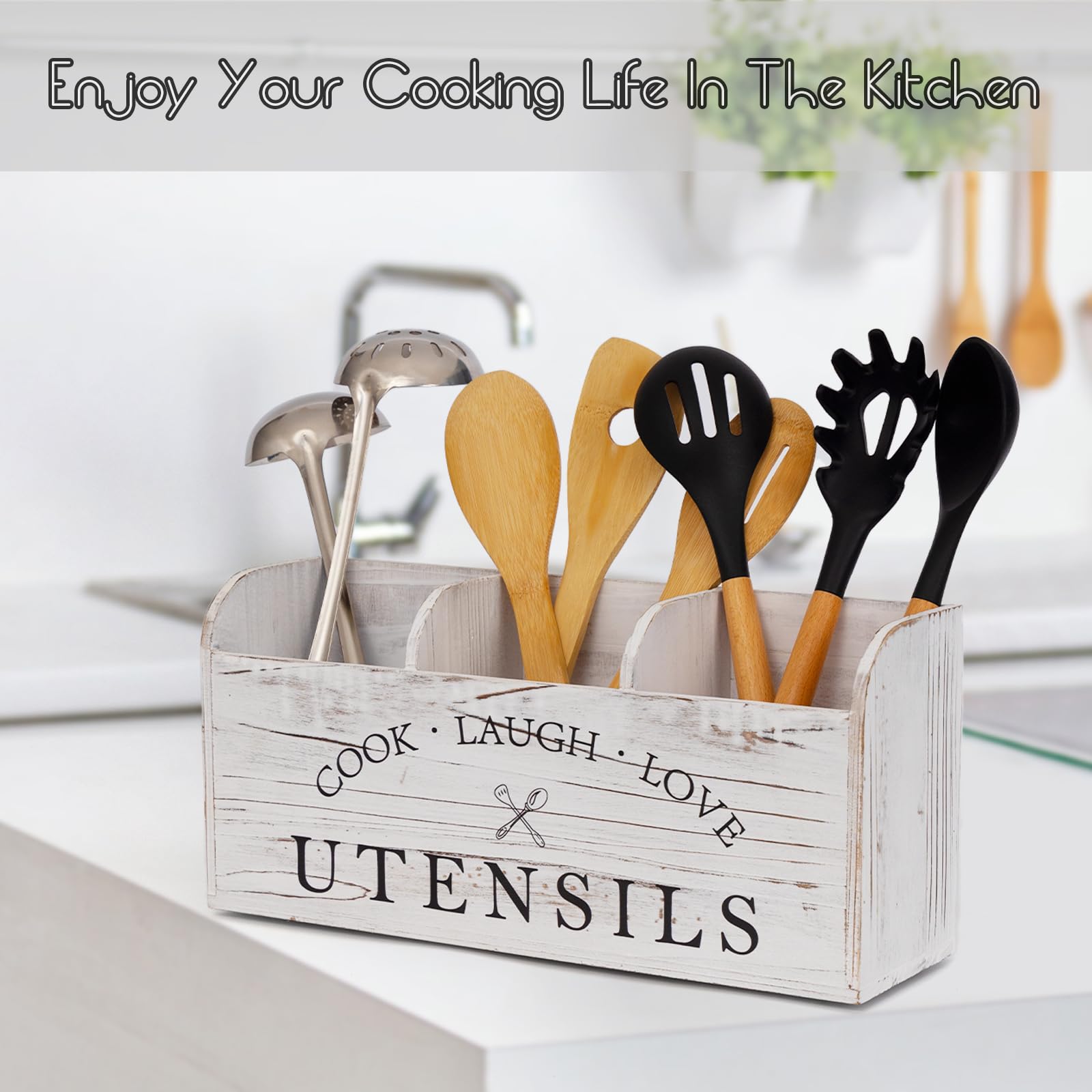 Küchenutensilienhalter Aus Holz Mit 3 Fächern - Rustikale Aufbewahrung Für Kochutensilien