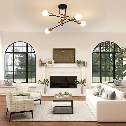 Miniatura 5 de Sputnik Lámpara de techo, 4 luces negras y doradas, lámpara de techo industrial semiempotrada moderna para dormitorio, sala de estar, cocina,