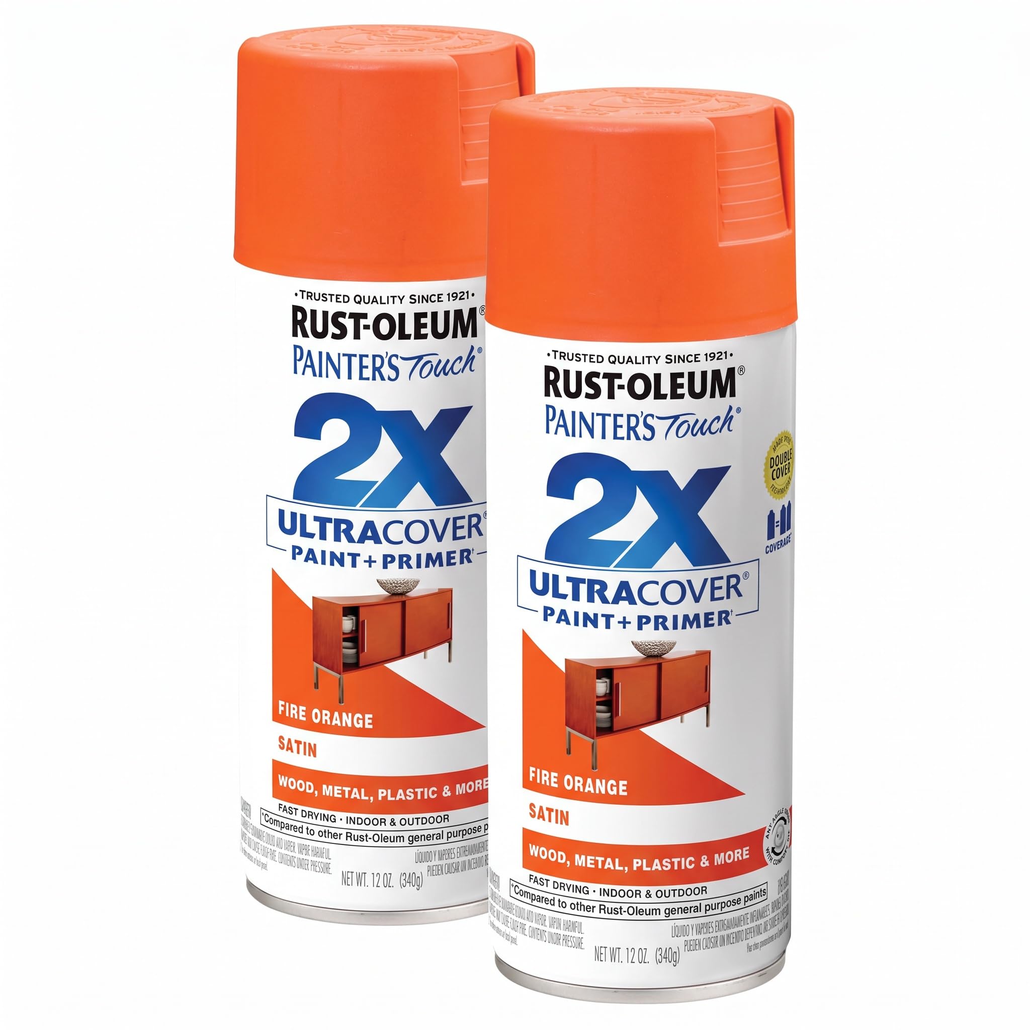 Rust-Oleum 263149 Painter's Touch 2X Ultra Cover Spray Paint, 12 oz, Satin Fire Orange (Pack of 2)