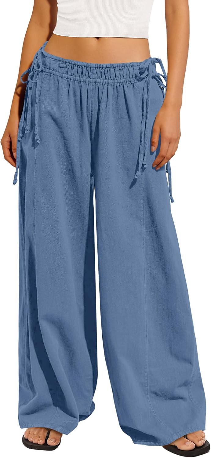 ReachMe Womens Baggy Wide Leg Palazzo Pants High Waisted Flowy Pants Straight Leg Elastic Waist Beach Pant