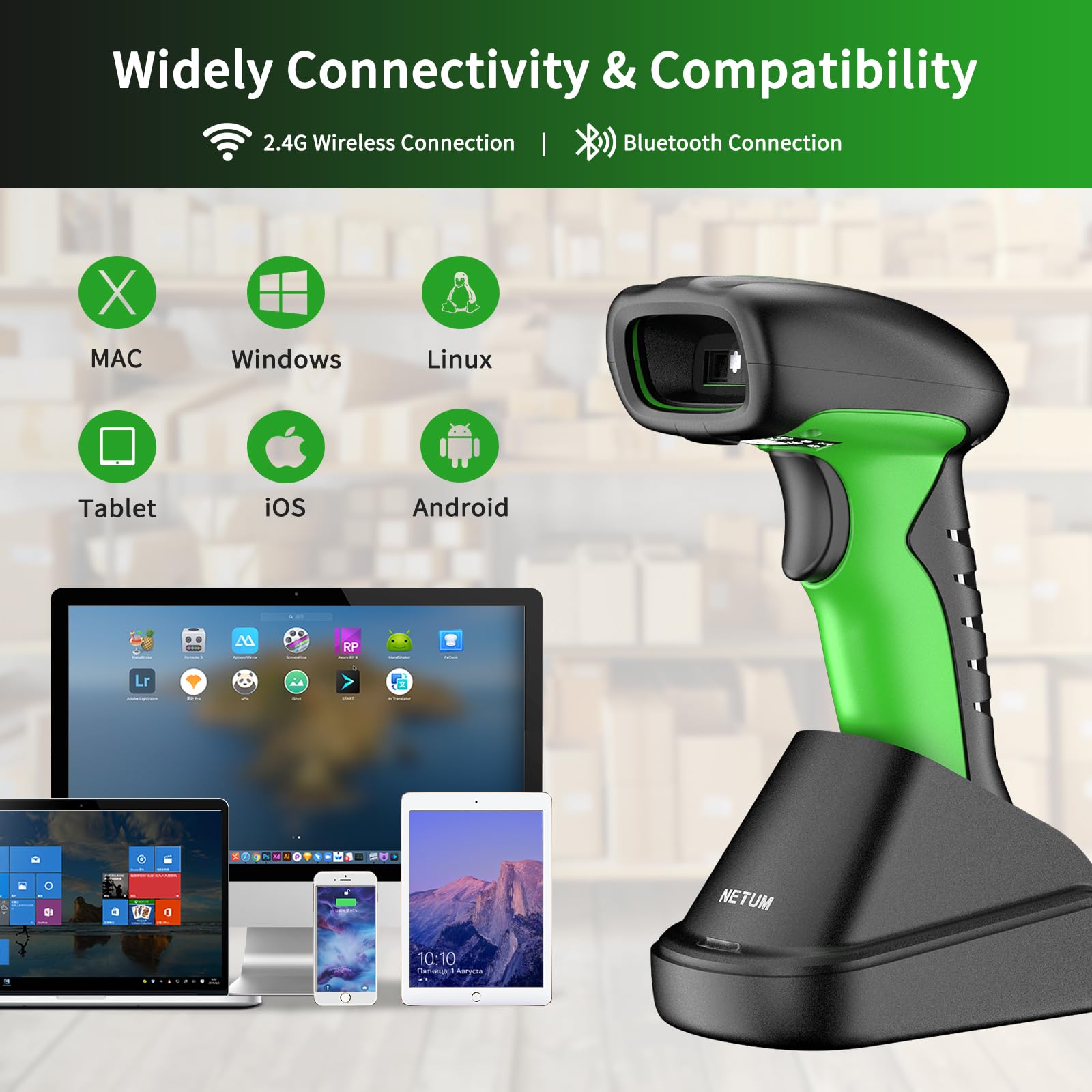 NETUM Przemysłowy Skaner Kodów Kreskowych 2D QR Bluetooth ze Stacją Ładującą Bezprzewodowy Czytnik 2D 1D Bateria 2600mAh Odporny na Kurz Auto-sense Scanning Windows Mac Android iOS NT-1950