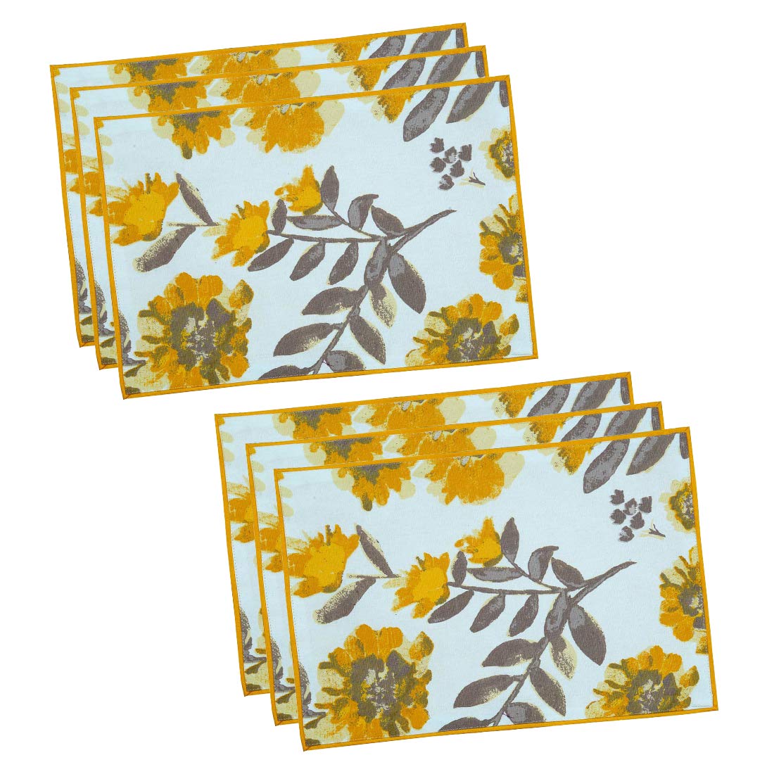 Bilberry Furnishing By Preeti Grover Summer Floral Cotton Table Mat for Dining Table Designed Bilberry Furnishings Preeti Grover, 13 X 19 Inches , Yellow and Grey - Pack of 6