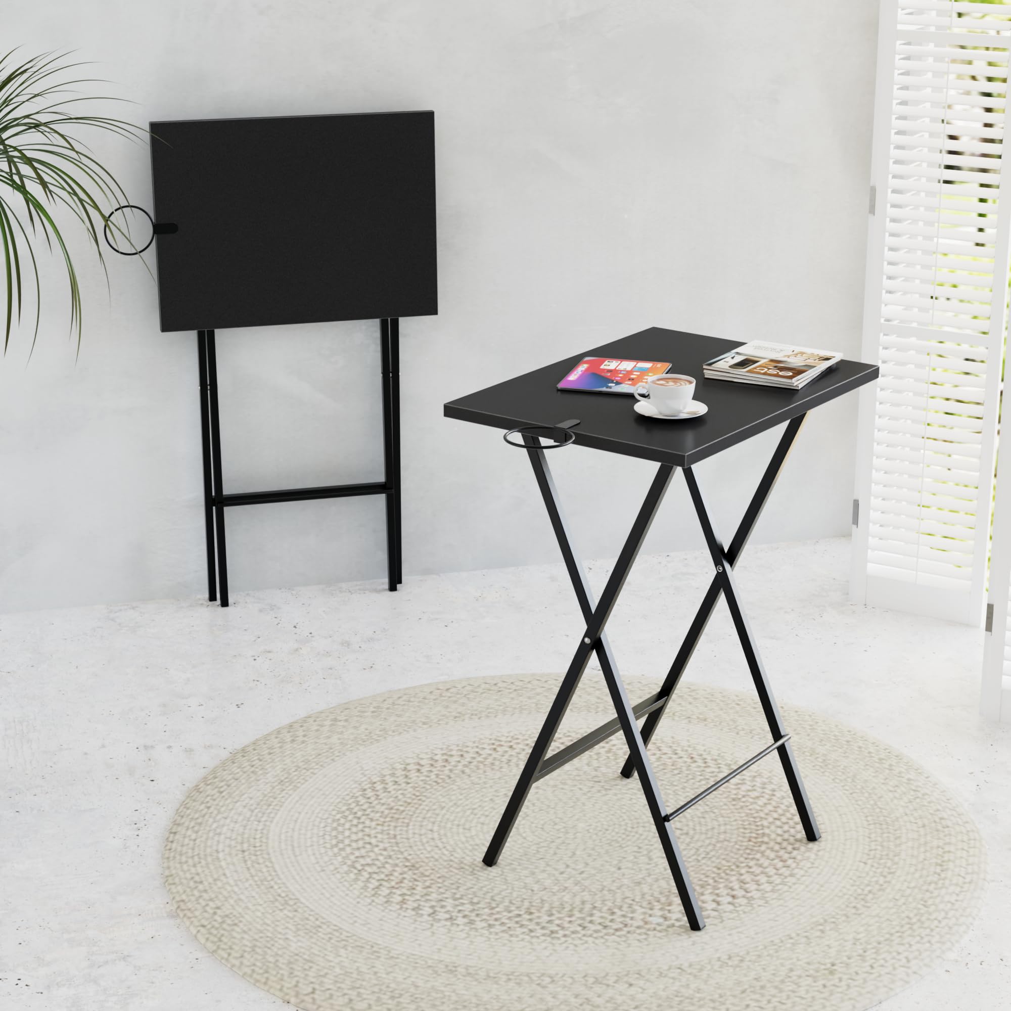 VECELO Folding TV Tray for Eating Set of 2, Portable Dinner/Snack Table with Cup Holder for Couch, Living Room and Small Space, Matte &amp; Black