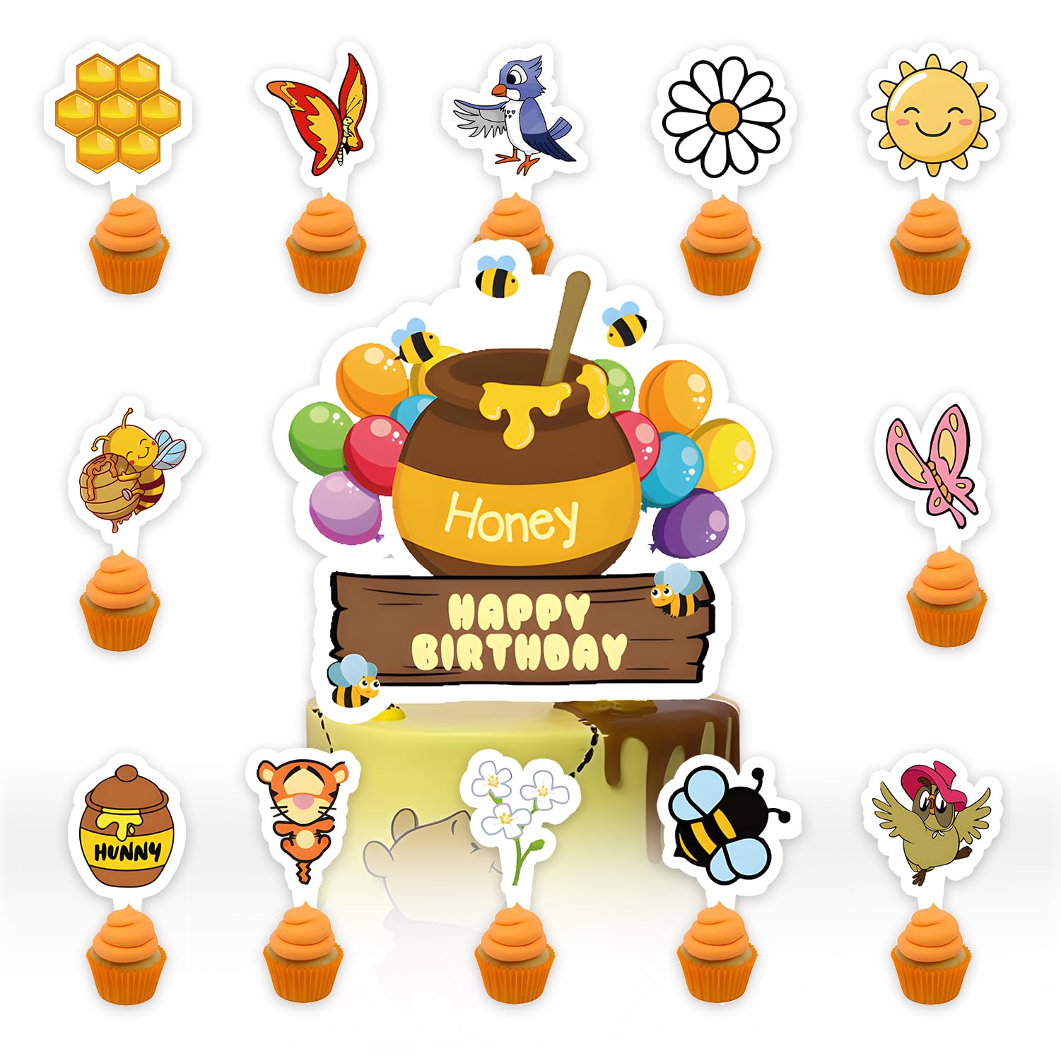 25pcs Bear Cake Decorations with 24pcs Cupcake Toppers, 1pcs Cake Topper for Tenn Girl Boy Birthday Party Supplies