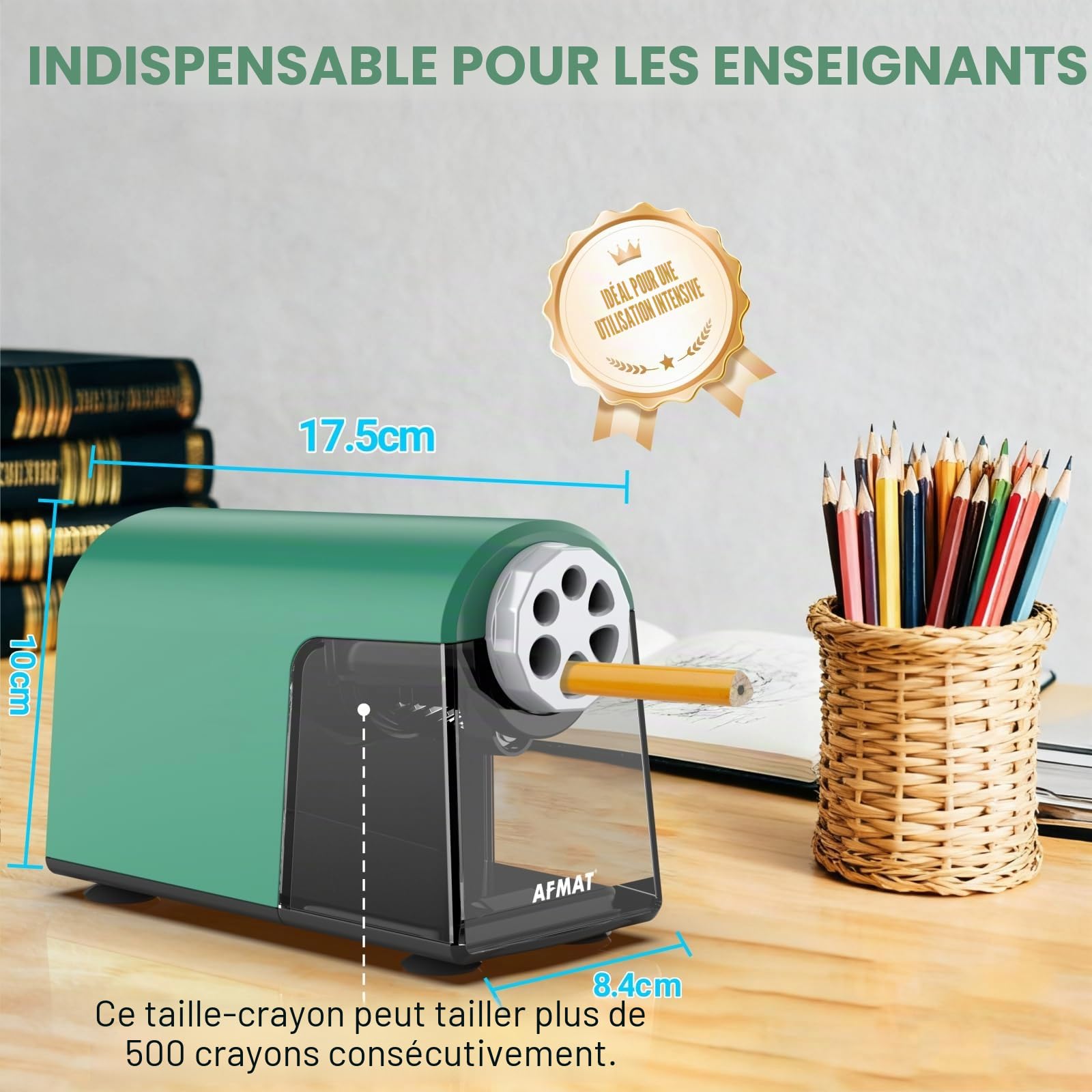 AFMAT Taille-crayon automatique avec boîte, 6 trous, arrêt automatique, rechargeable, pour grand crayon de 6 à 11 mm, pointe pointue, pour enfants, artistes et enseignants, vert, PSD2