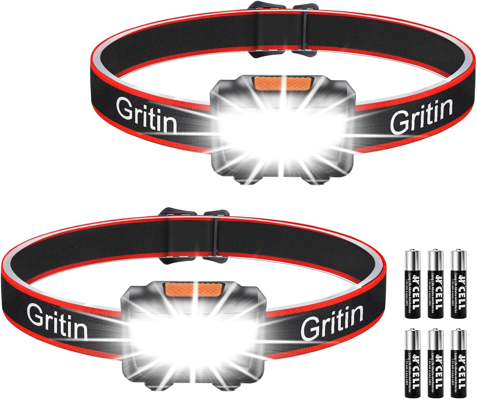 Gritin LED Head Torch, [2 Pack] Super Bright Headlamp Headlight with 3 Modes, Waterproof, Battery Powered LED Lightweight for Camping, Outdoors, Emergency, Running [6 AAA Batteries Included]