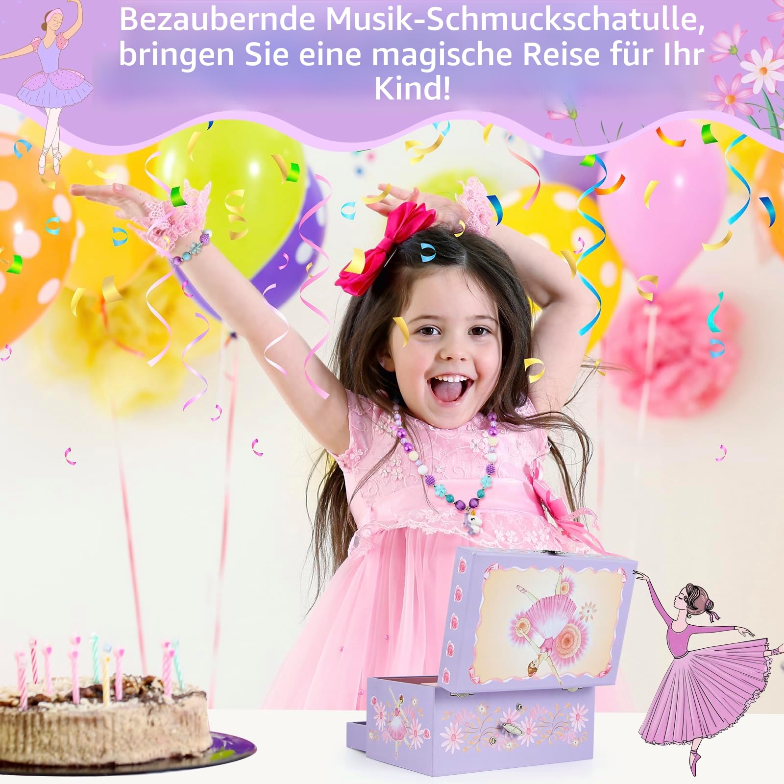 Musik Schmuck Box mit Schublade Halskette Armband, Musikalischer Schmuck Aufbewahrungskoffer mit Spinning Ballerina Geschenk Set für Kinder Mädchen Kinder Tochter