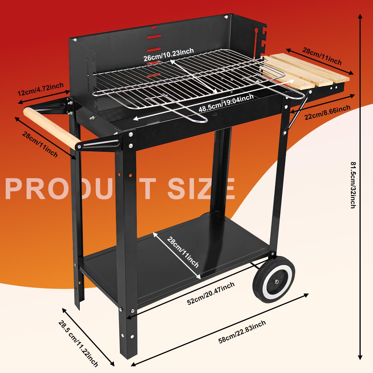 Parrillas de carbón, parrilla de barbacoa al aire libre con mesa auxiliar, parrilla de carbón con ruedas para asar al aire libre/cocina de mesa 2