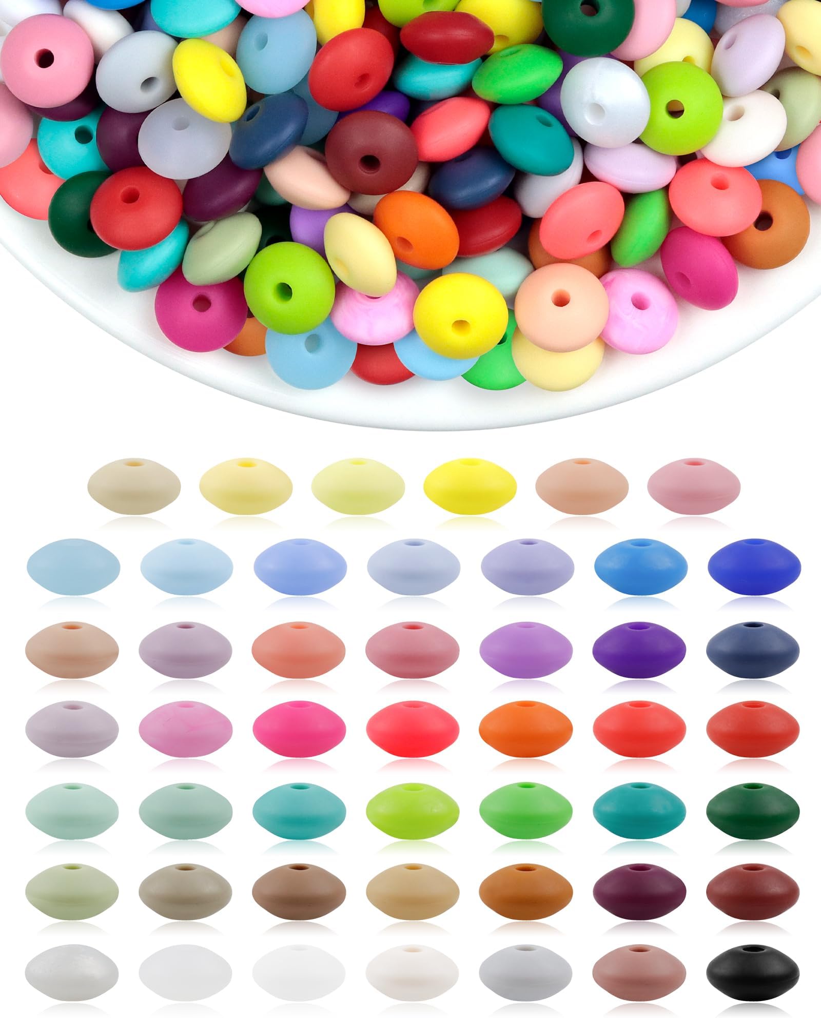 FIVEIZERO 240PCS Silicone Lentil Beads,12mm 48 Colors Silicone Abacus Beads Silicone Spacer Bead for Keychain & Bracelet Making, Bulk Assorted Silicone Beads for Pens & Jewelry and DIY Crafts