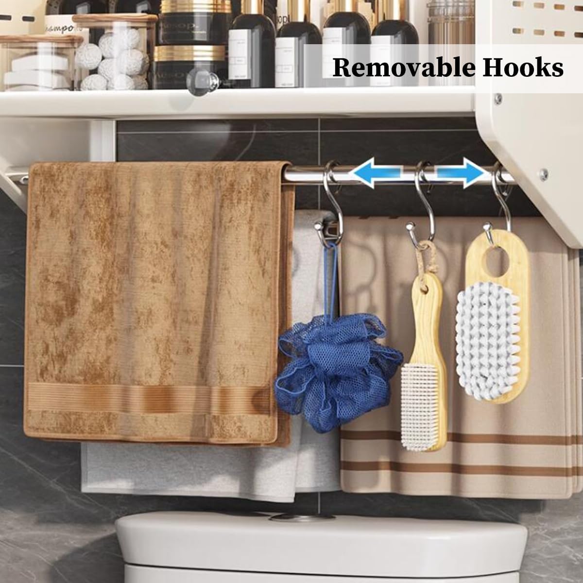 Over The Toilet Storage, 2-Tier Bathroom Organizer Shelves, Multifunctional Bathroom Storage Rack, 2 Types of Mounting, Space Saver with Hooks, for Kitchen Bedroom Bathroom (Color : /White) (/Black