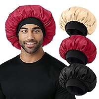 Vista 13 de Gorro para hombre, gorro de doble capa para dormir, gorro negro ajustable con banda elástica, gorros de satén de seda para trenzas de cabello rizado