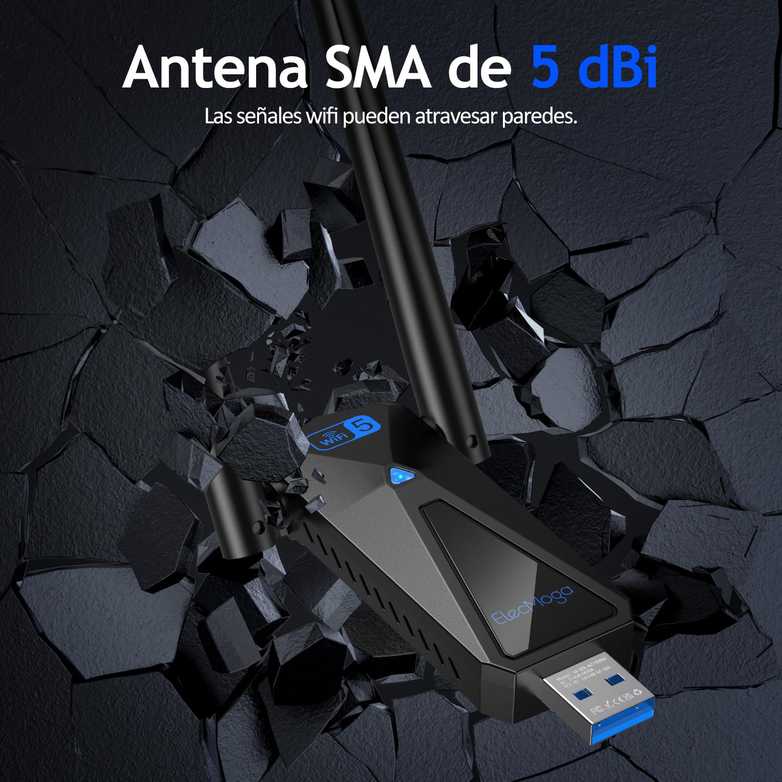 ElecMoga Adaptador WiFi USB 1300Mbps, 5dBi Antena WiFi, Receptor WiFi Dual Band 5GHz/2.4GHz, Compatible con Windows 7/8/10/11/Vista/XP/Mac/Linux, Compatible con Ordenadores Portatiles/Laptop/Tablet