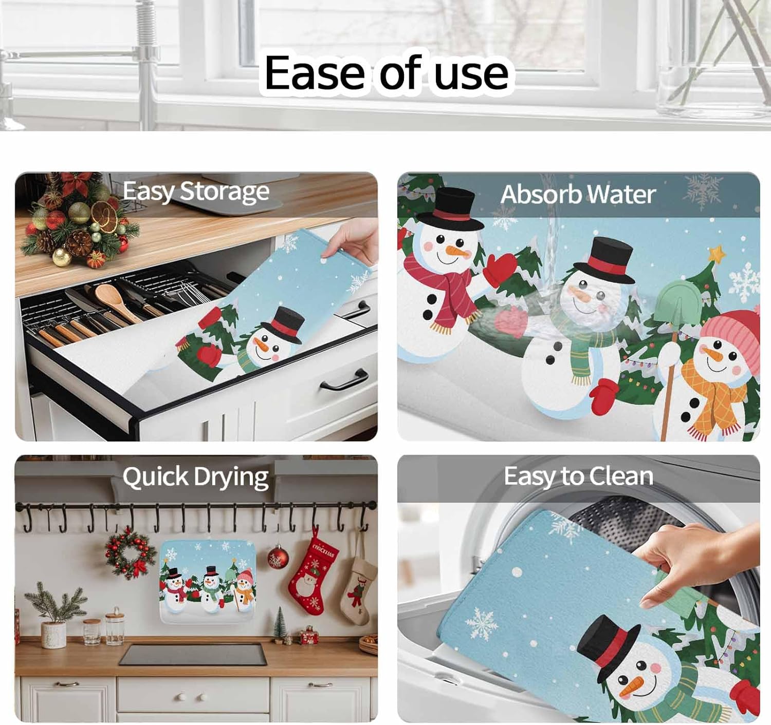 Christmas Snowman Pine Tree Dish Drying Mats for Kitchen Counter,Absorbent Microfiber Dish Drainer Rack Mat Winter Snowflake Light Blue Drying Pad for Sinks,Utensils,Countertops,18x24in