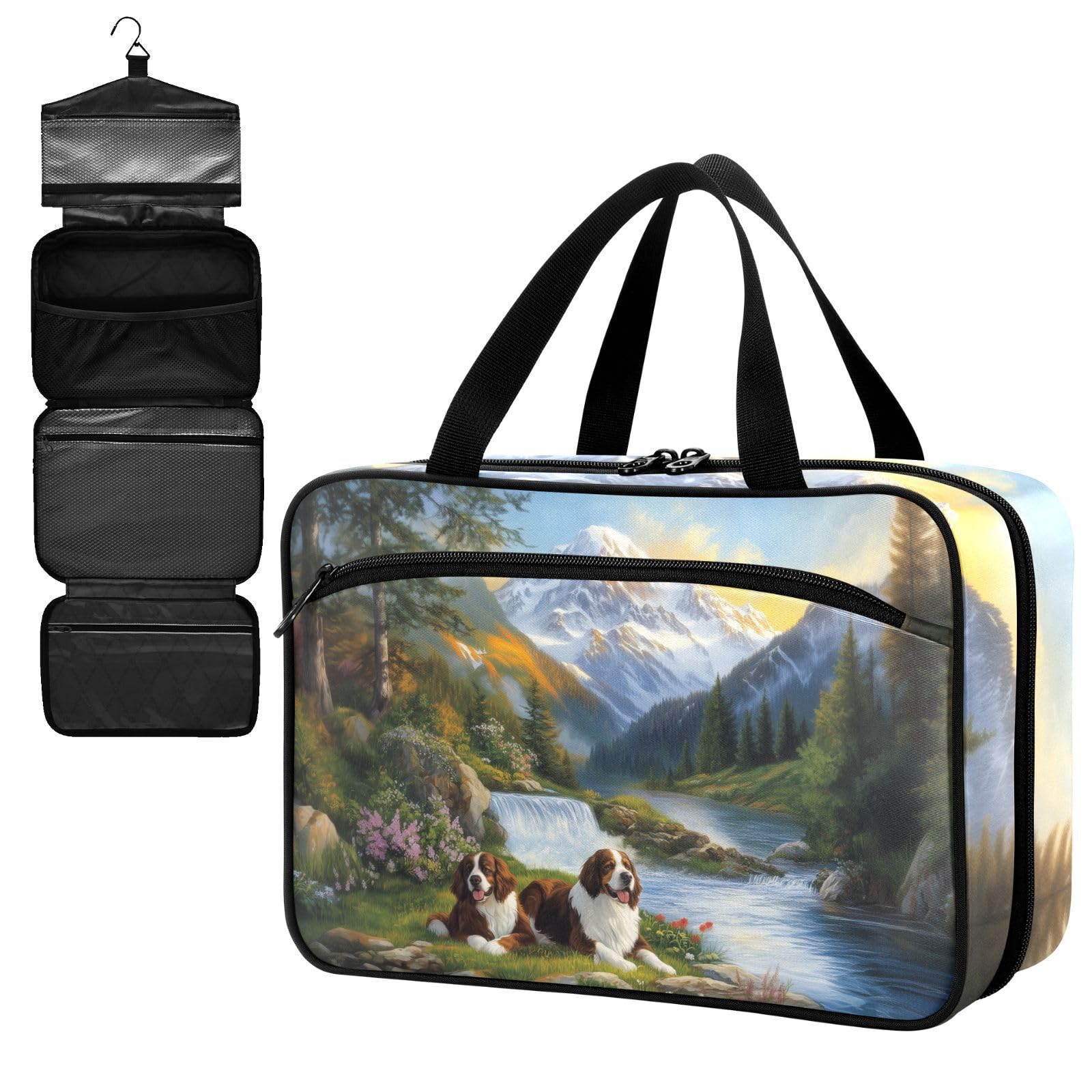 Fustylead Cute Bernese Mountain Dogs and Flowing River Large Medical Supplies Organizer Bag with Zipper Empty First Aid Bag Trauma Kit for Traveling Hiking Camping
