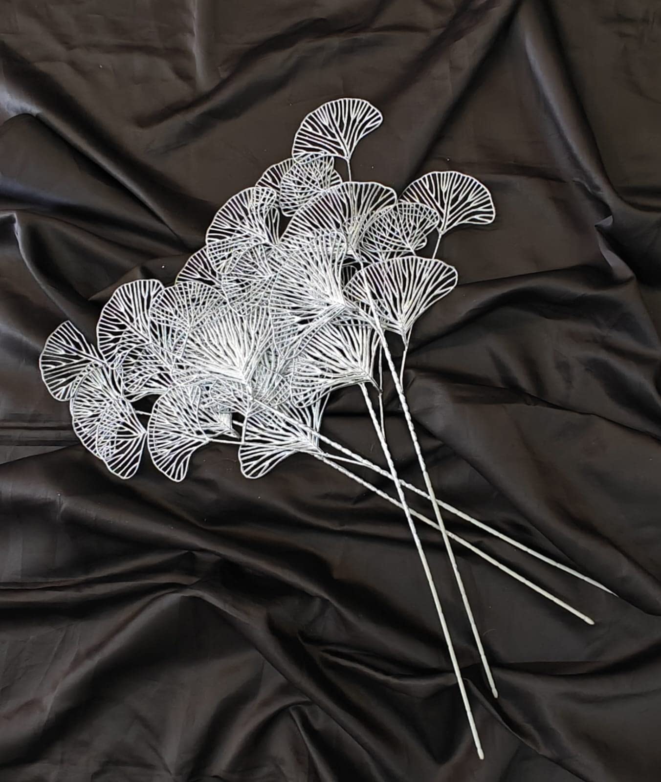 SATYAM KRAFT4 Pcs Artificial Flower Gingko Leaves Fake Flowers Sticks Bunch Decorative Items for Home, Living Room Diwali Decoration Plants and Craft Items Corner (Without Vase Pot) (Light Silver)