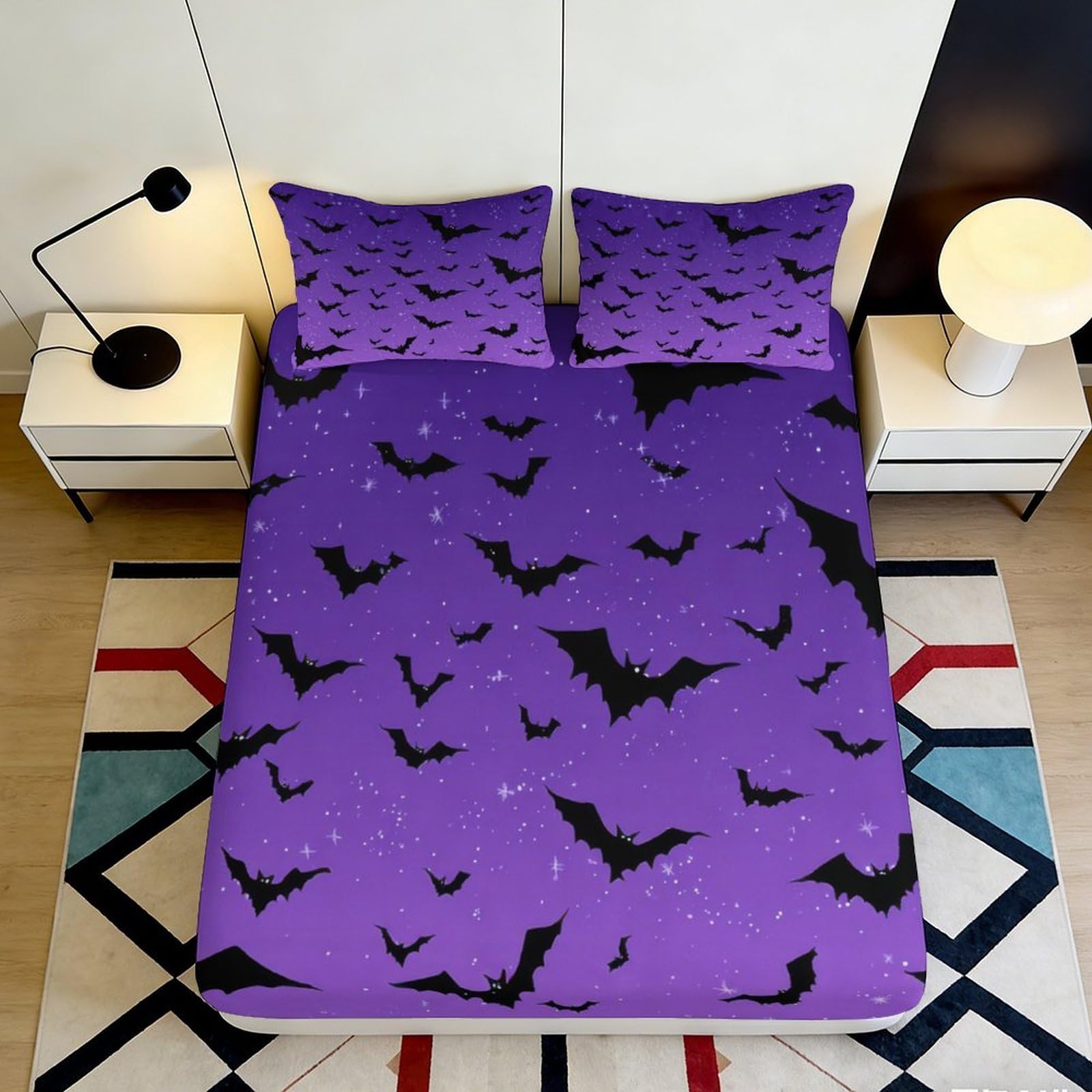 Jxqhbvmg Style-6 3D Printed Bats Purple Fitted Sheet Microfiber Deep Pocket Non-Slip Bedroom Bedding Bats Mattress Fitted Cover For Adults 90X200x25cm