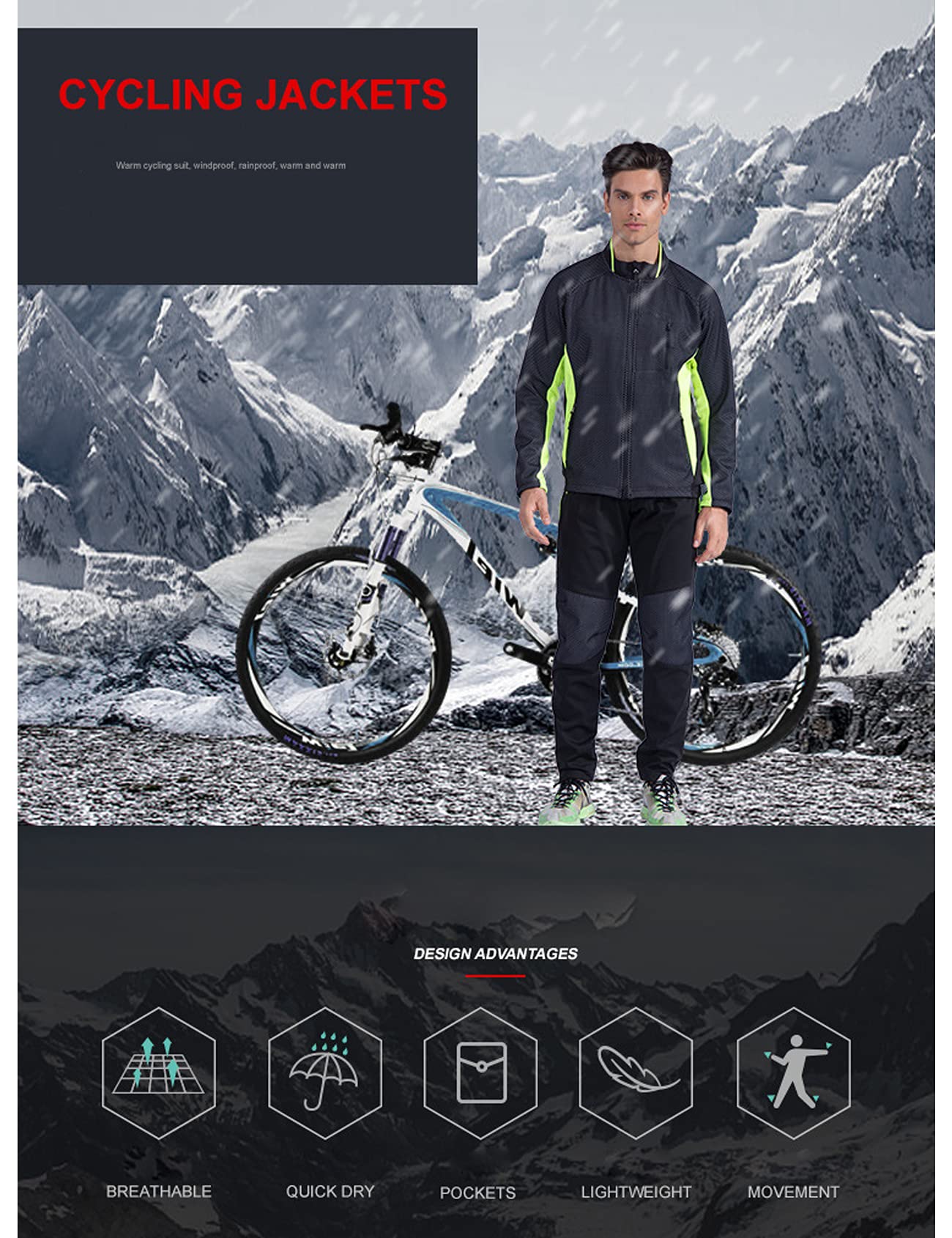 Bestgift Forro polar ciclismo Jersey hombre manga larga hombres otoño e invierno más polar para mantener caliente travesaño parabrisas ciclismo Jersey chaqueta hombre, Black+Fluorescent Green1, XXL