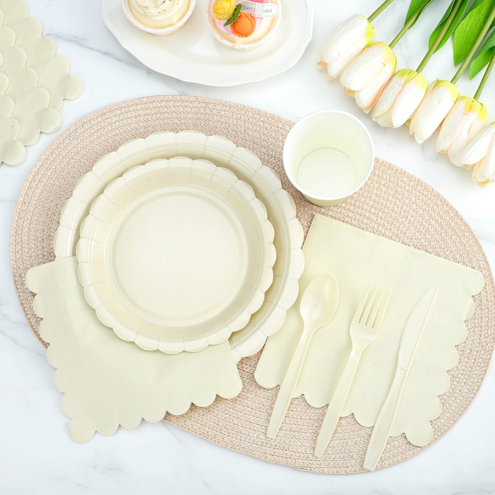 Disposable Dinnerware Sets - Ivory Scalloped Plates & Napkins -4 Disposable Dinnerware Sets - Ivory Scalloped Plates & Napkins -4