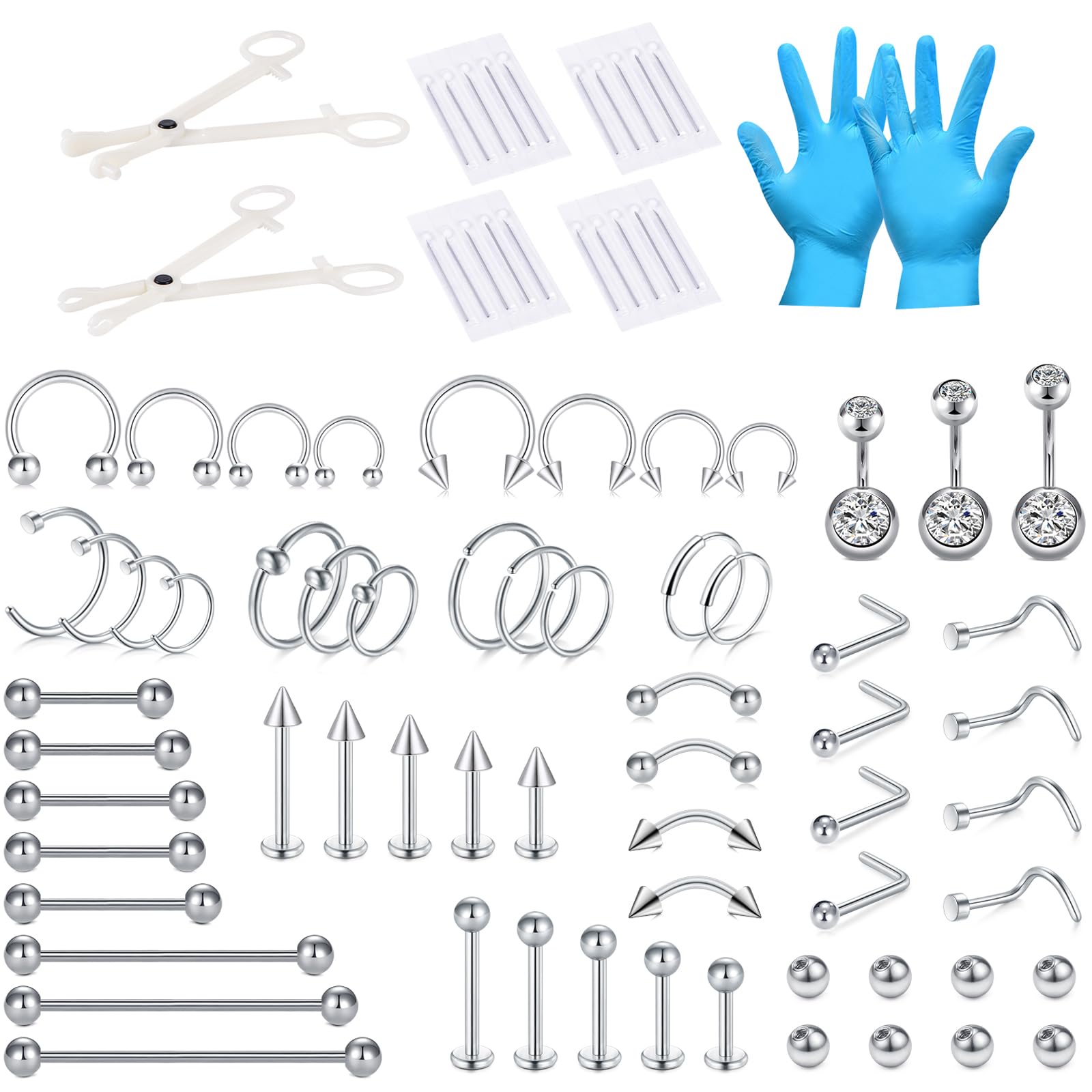 NIUSIMAN Mixed Piercing Kit,Piercing Kits for All Piercings Stainless Steel 14G 16G 18G 20G Nose Septum Cartilage Tragus Earrings Belly Nipple Tongue Smiley Lip Ring
