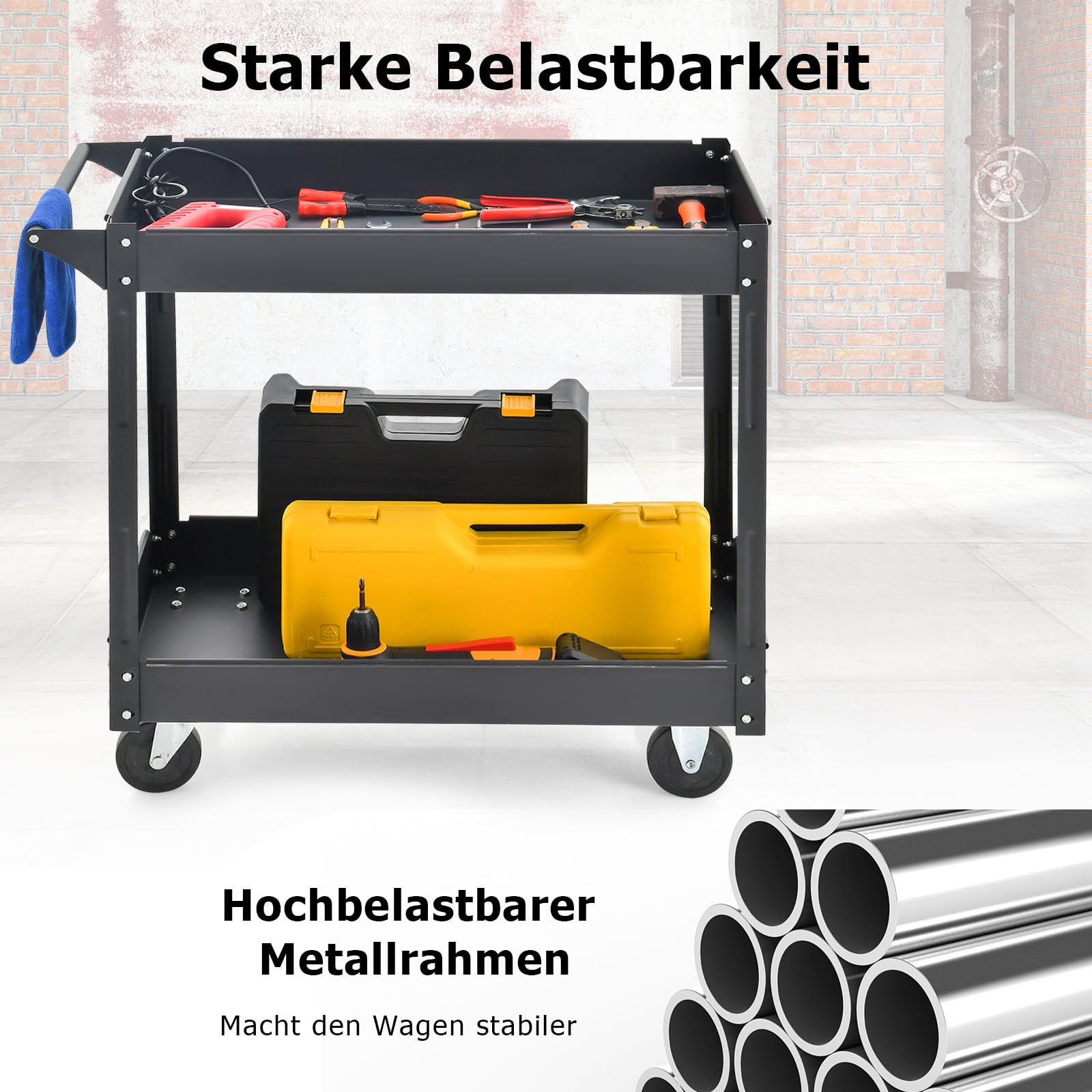 GYMAX Werkzeugwagen aus Metall, multifunktionaler Servierwagen mit 2 Ablagen, Etagenwagen bis zu 100 kg belastbar, Transportwagen mit Handgriff, rollwagen für Lager, Garten, Küche & Garage (Schwarz)