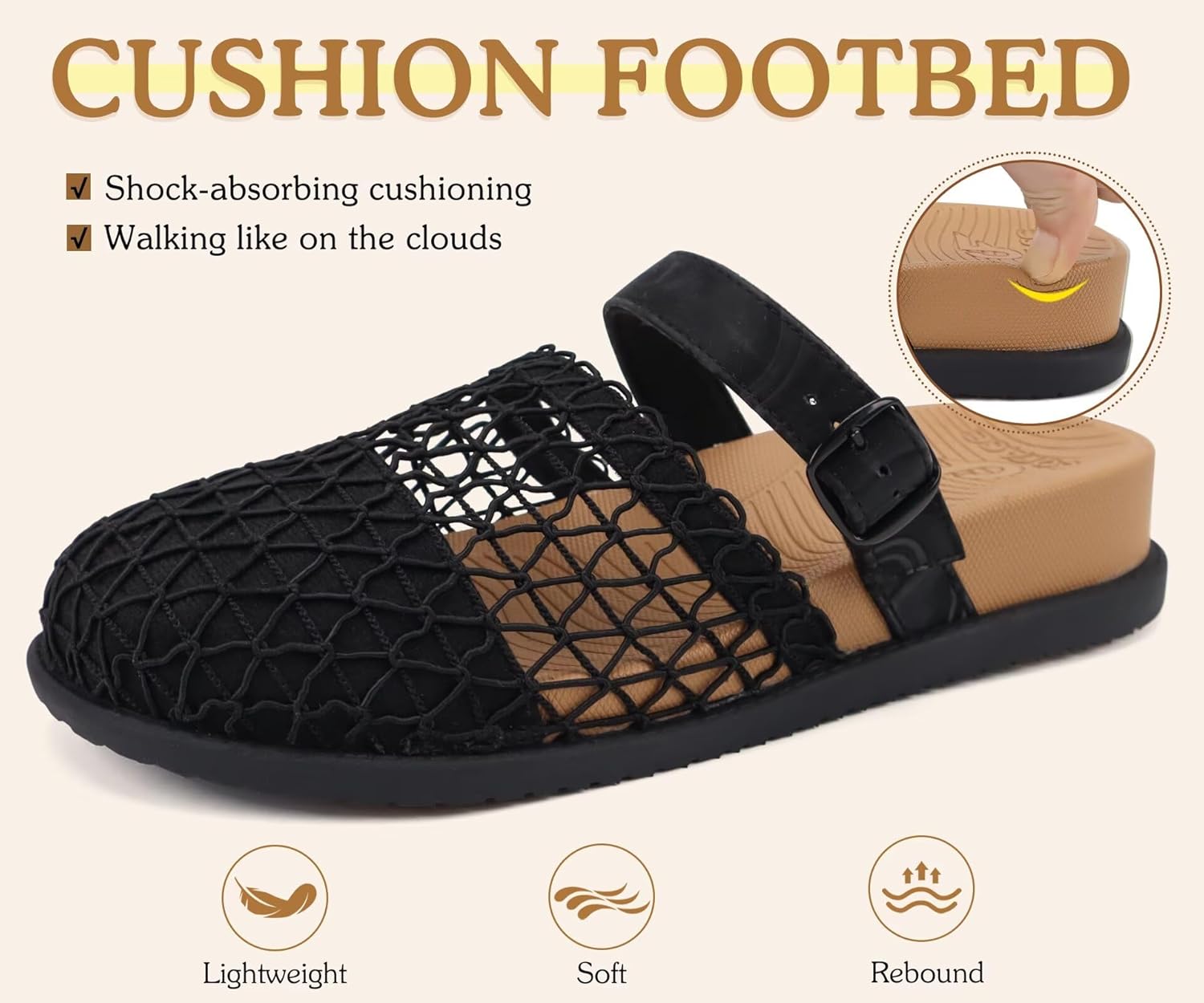 COFACE Women’s Orthotic Sandals Ladies Fashion Breathable Mesh Mules Round Toe Backless Loafers Slides Adjustable Wedge Heel Cushion Walking Sandles With Comfortable Arch Support