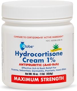 Globe Hydrocortisone 1% Maximum Strength Cream with Aloe, 16 oz Jar - Fast Anti-Itch Relief for Eczema, Rashes, Bug Bites