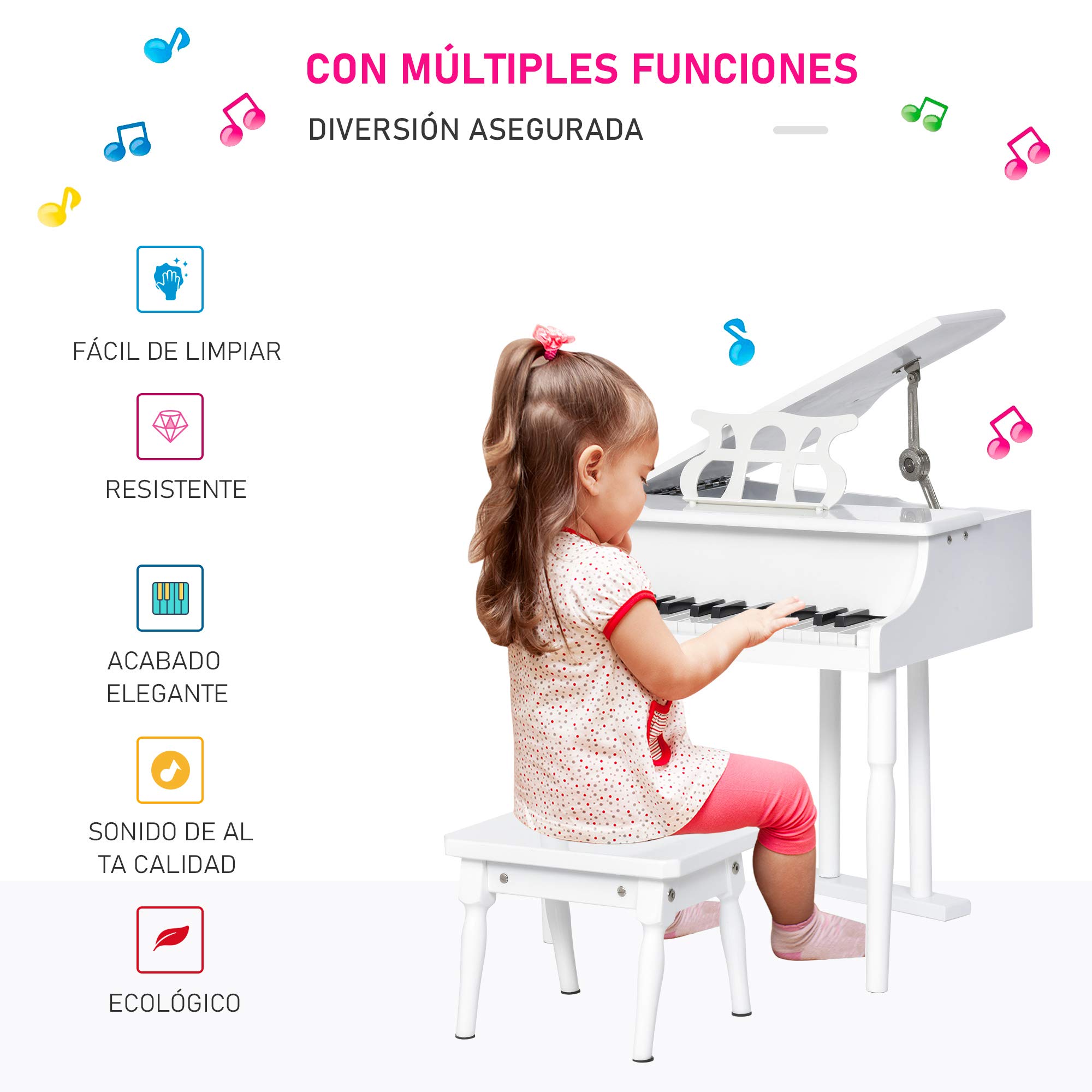 HOMCOM Piano de Cola Infantil con 30 Teclas para Niños 52x50x49 cm Blanco | de MDF, Taburete, Atril de Partituras, Instrumento Musical Didáctico